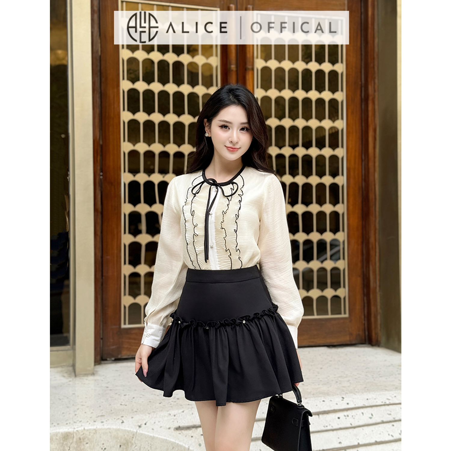 Mô tả Set Váy Nữ Tiểu Thư Chất Tơ Crep Mềm Mại Alice, Áo Dài Tay Bồng Nhẹ Cổ Phối Bèo Dọc Kèm Chân Váy Chéo Rubi S788 - 1