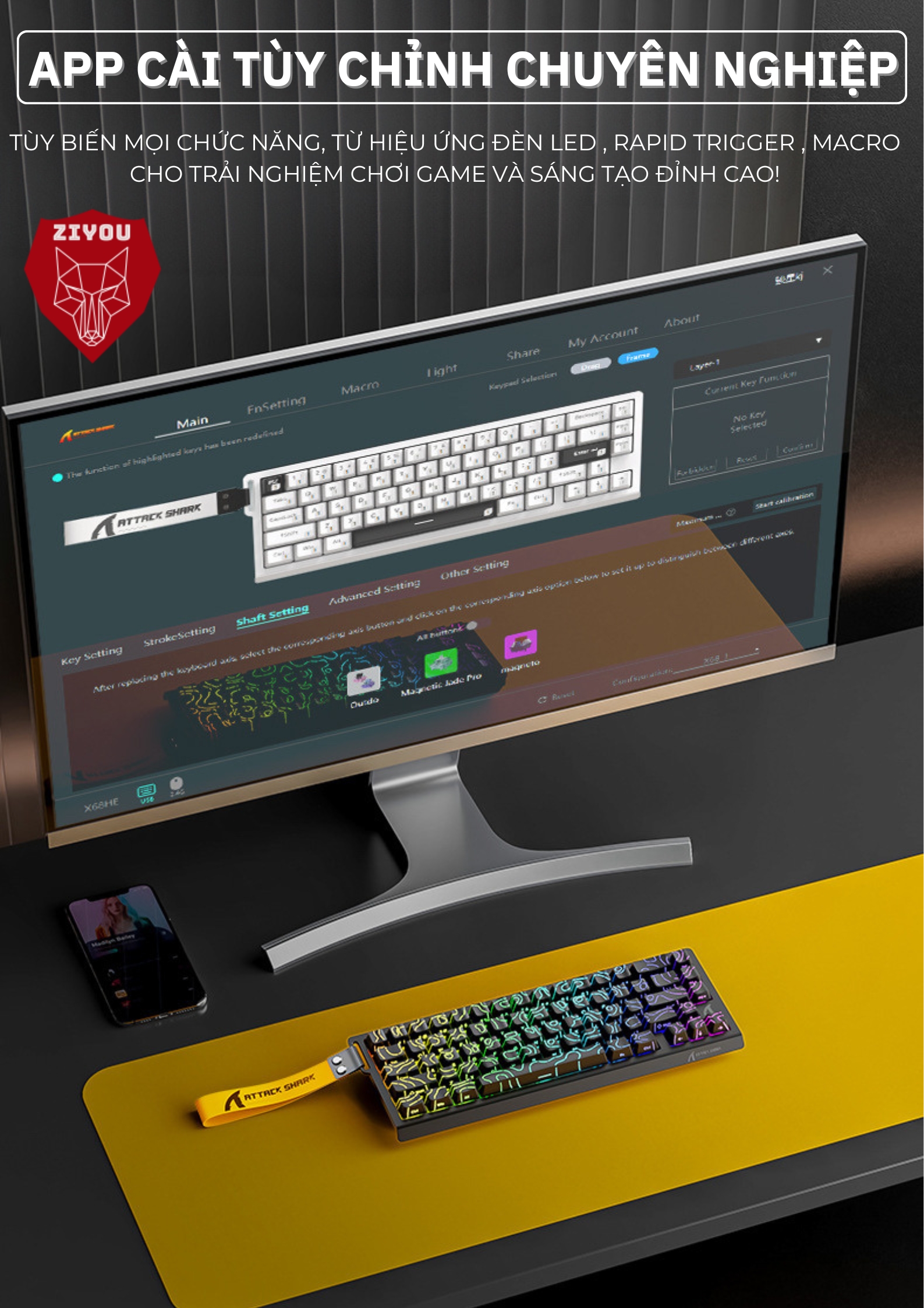 Mô tả Bàn Phím Cơ Rapid Trigger Ziyou Attack Shark X68 HE LED RGB Cao Cấp Chuyên Game - 5