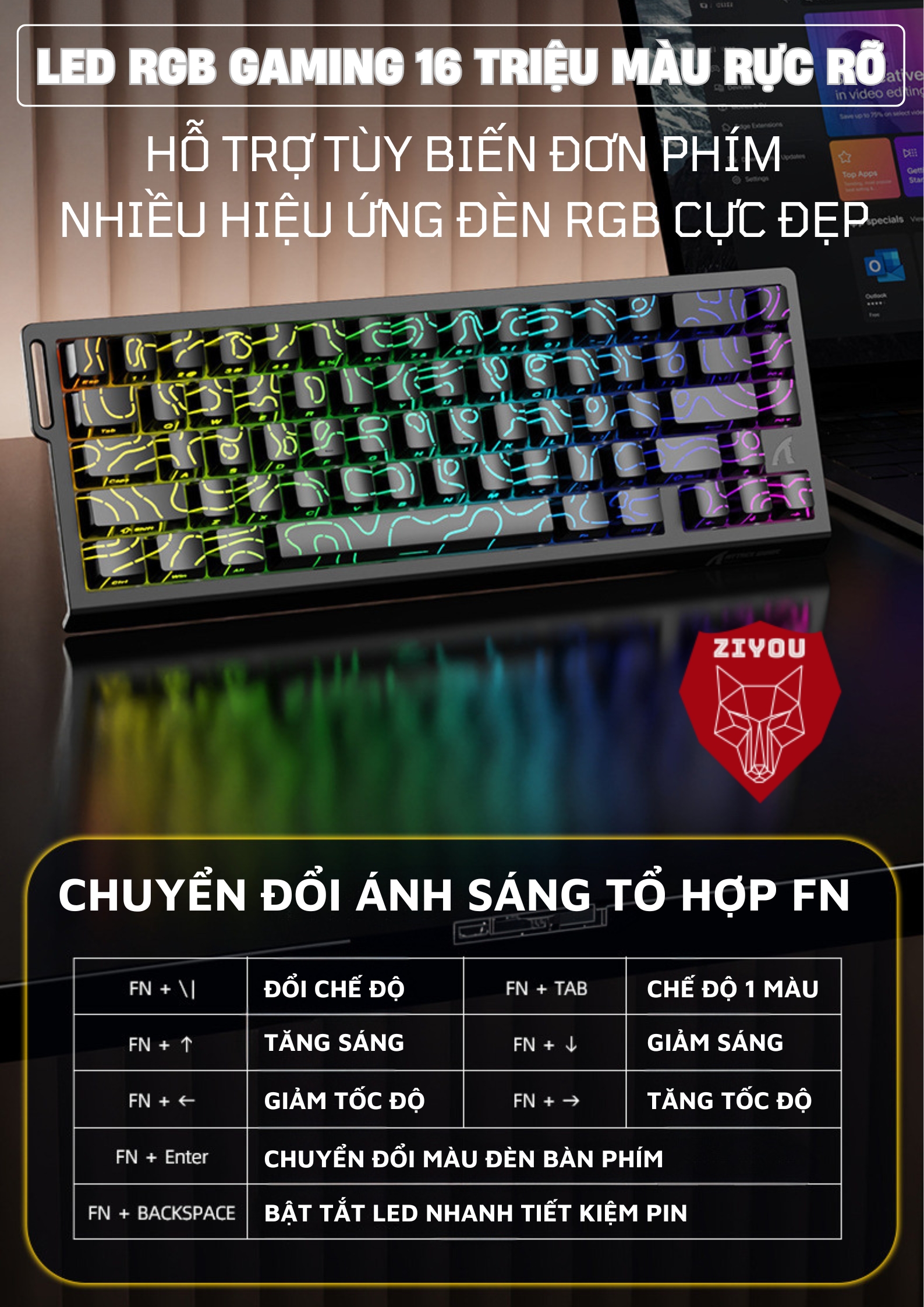 Mô tả Bàn Phím Cơ Rapid Trigger Ziyou Attack Shark X68 HE LED RGB Cao Cấp Chuyên Game - 9
