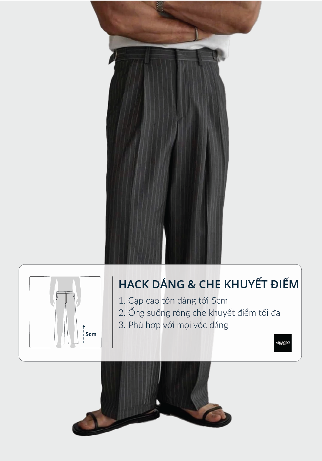Mô tả Quần ống suông rộng kẻ sọc nam ARMCEO sidetab hack dáng che khuyết điểm cao cấp 4 phân loại màu-AD01 - 6
