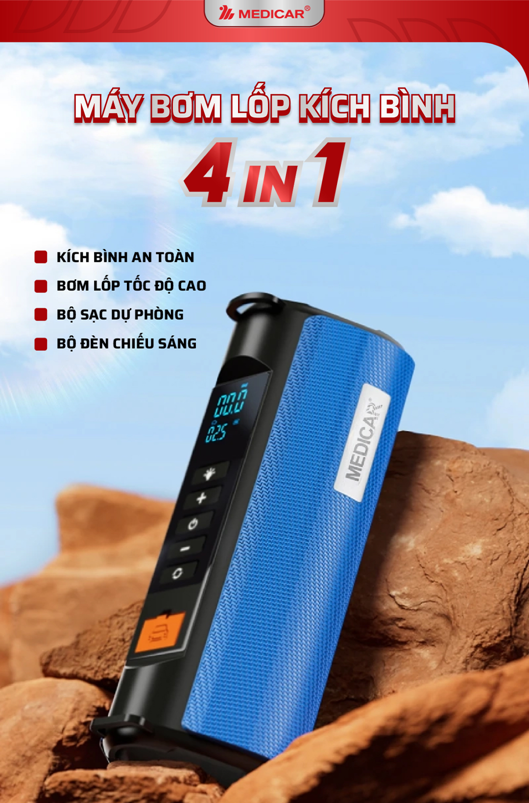 Mô tả Bơm lốp kích bình ô tô 4 trong 1 Medicar 12000mAh. Tích hợp sạc dự phòng và đèn pin chiếu sáng - 2