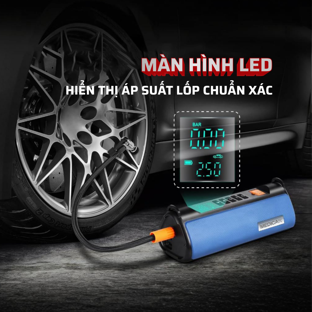 Mô tả Bơm lốp kích bình ô tô 4 trong 1 Medicar 12000mAh. Tích hợp sạc dự phòng và đèn pin chiếu sáng - 4