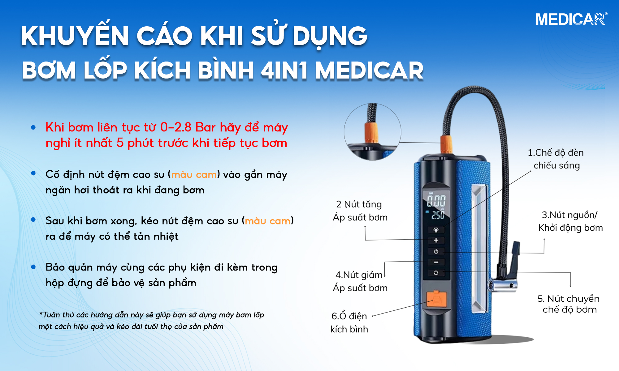 Mô tả Bơm lốp kích bình ô tô 4 trong 1 Medicar 12000mAh. Tích hợp sạc dự phòng và đèn pin chiếu sáng - 12