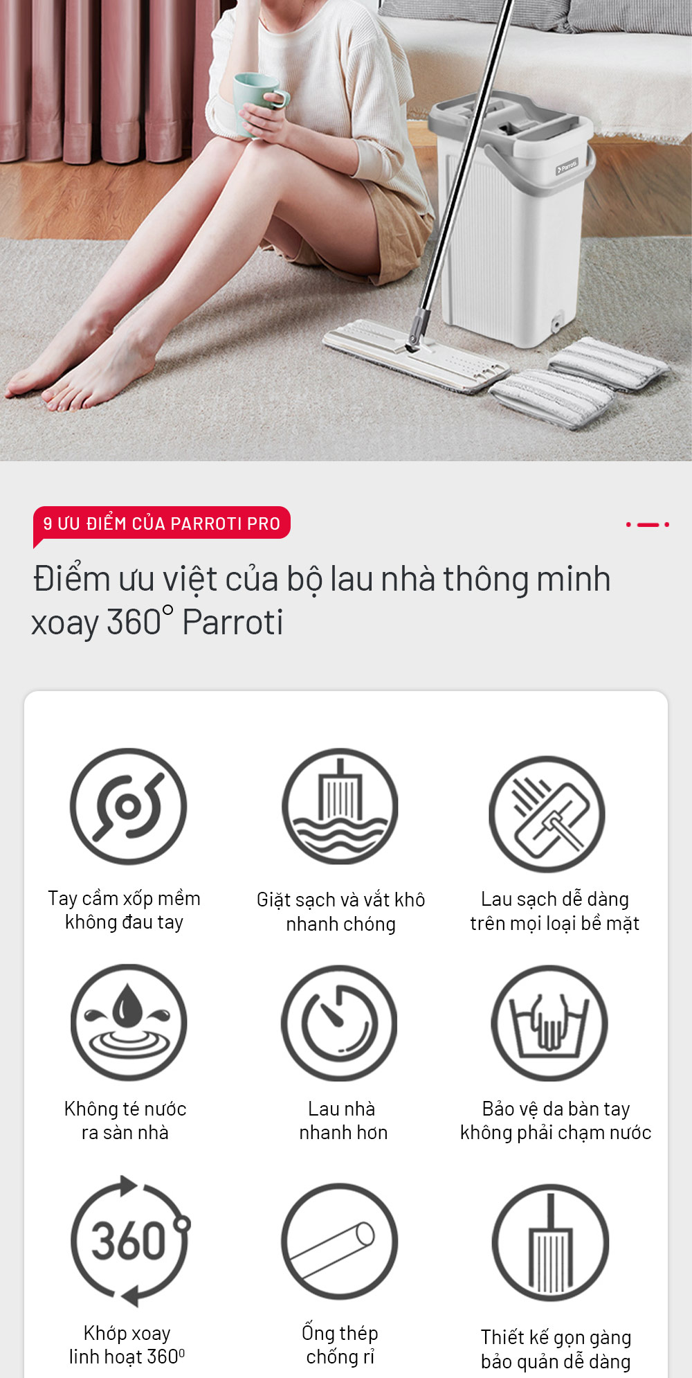 Mô tả Cây lau nhà tự vắt thông minh, bộ lau nhà 360 độ, lau sạch khô nhanh Parroti - 3