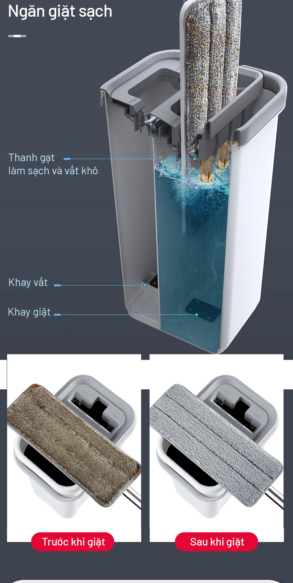 Mô tả Cây lau nhà tự vắt thông minh, bộ lau nhà 360 độ, lau sạch khô nhanh Parroti - 5