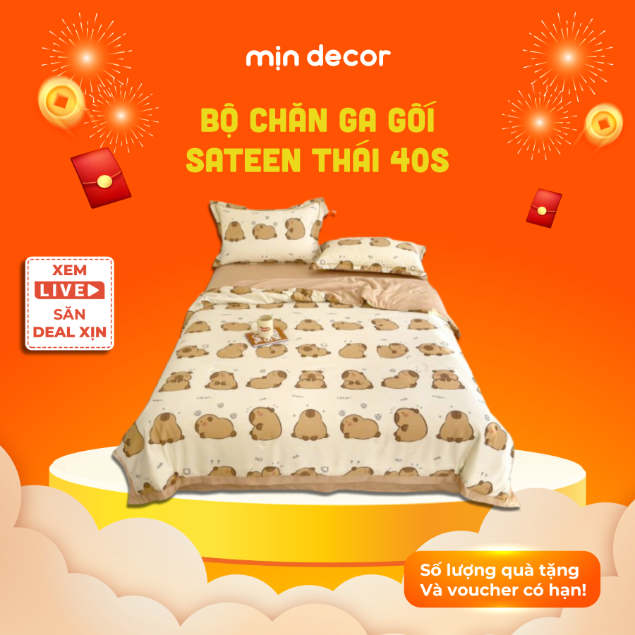 Mô tả Bộ Chăn Ga Gối Cotton Sateen Mịn Decor Bo Chun 10cm, Drap Giường Lụa Thái Kèm Chăn Chần Mát Mịn - 1