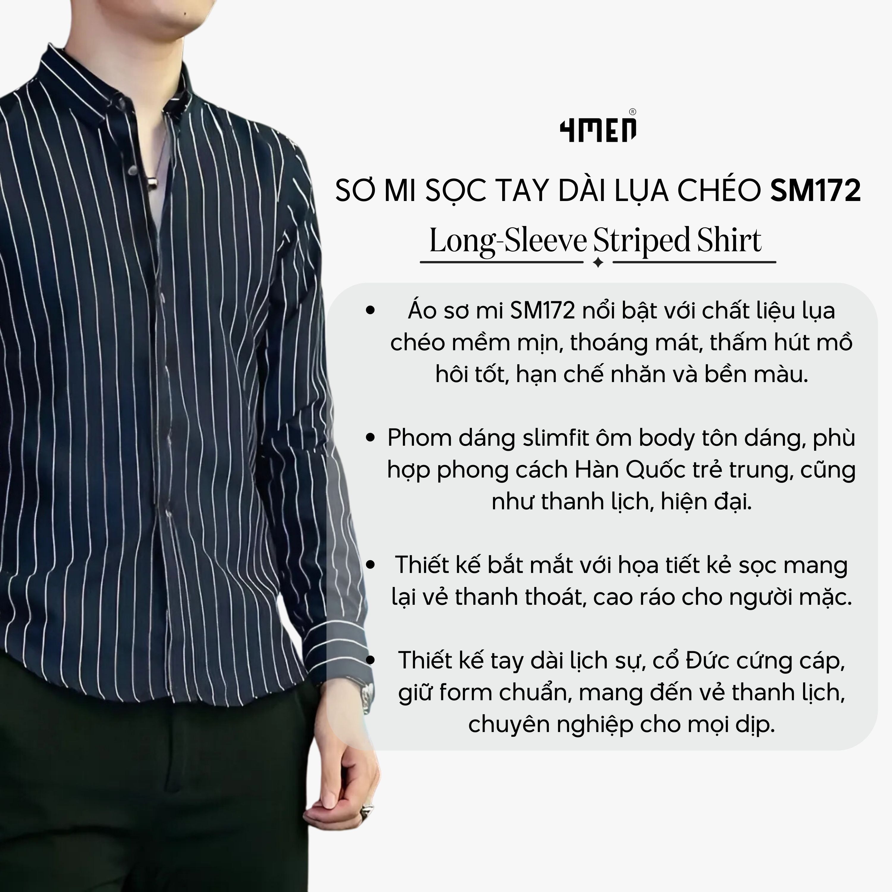 Mô tả Áo sơ mi nam kẻ sọc 4MEN SM172 tay dài, form slimfit ôm body đẹp trẻ trung, vải lụa chéo mềm mịn hạn chế nhăn giá rẻ - 3