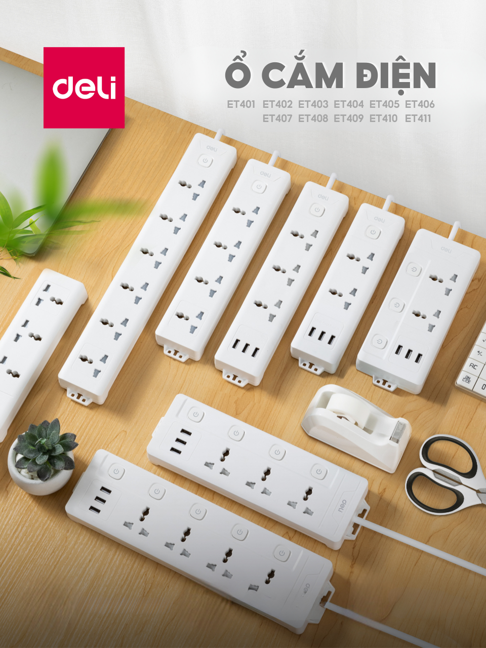 Ổ cắm điện Deli vuông tháp