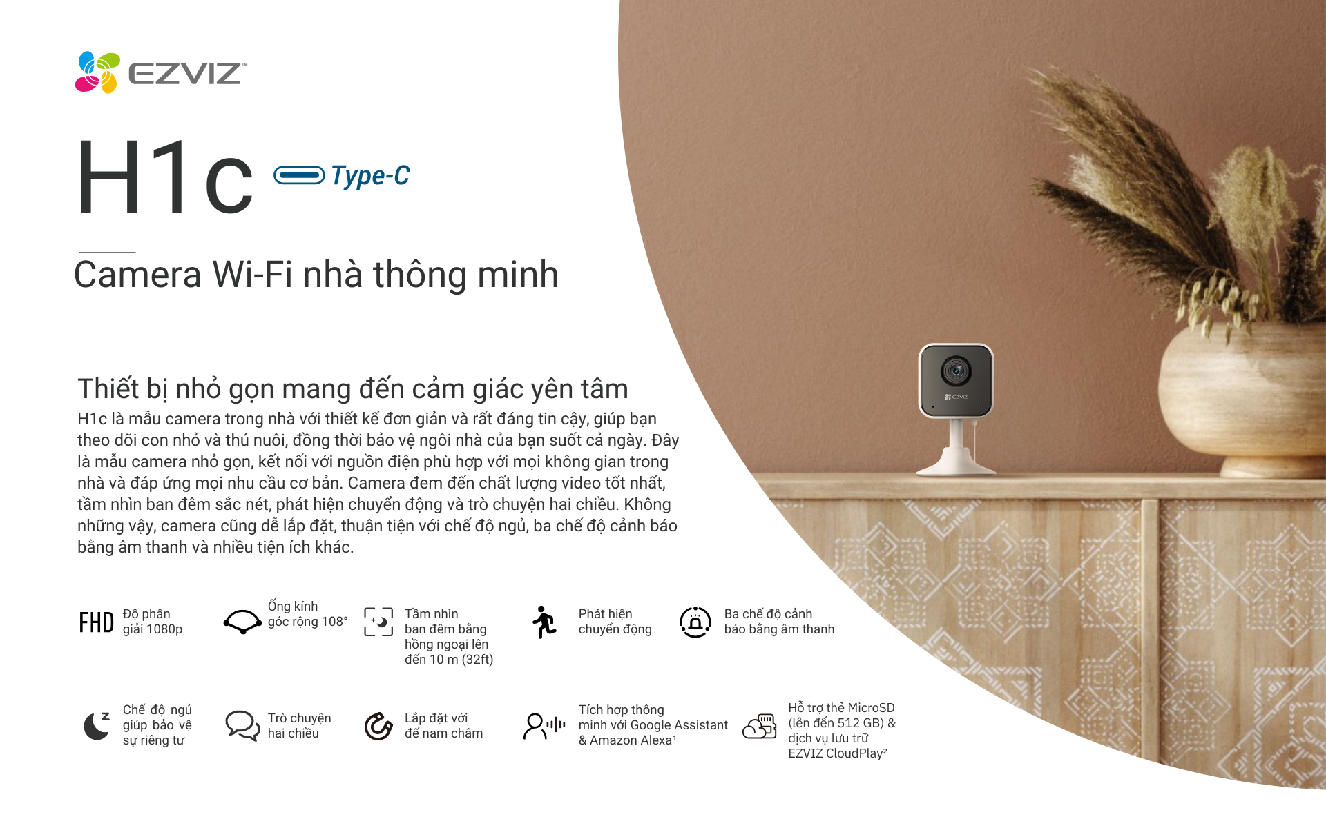 Mô tả Camera WI-FI EZVIZ H1C 1080p, Trong Nhà, Đàm Thoại 2 Chiều, Phát Hiện Chuyển Đồng - 1