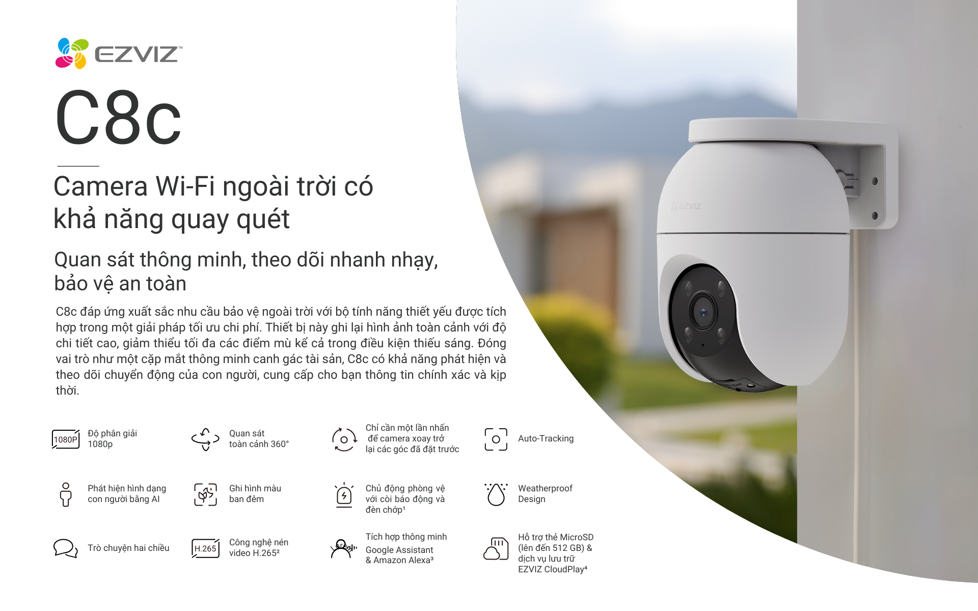 Mô tả Camera WI-FI Ngoài trời EZVIZ C8c 4MP Ghi hình màu ban đêm, Đàm thoại 2 chiều, Phát hiện người và xe, Đèn báo động - 1
