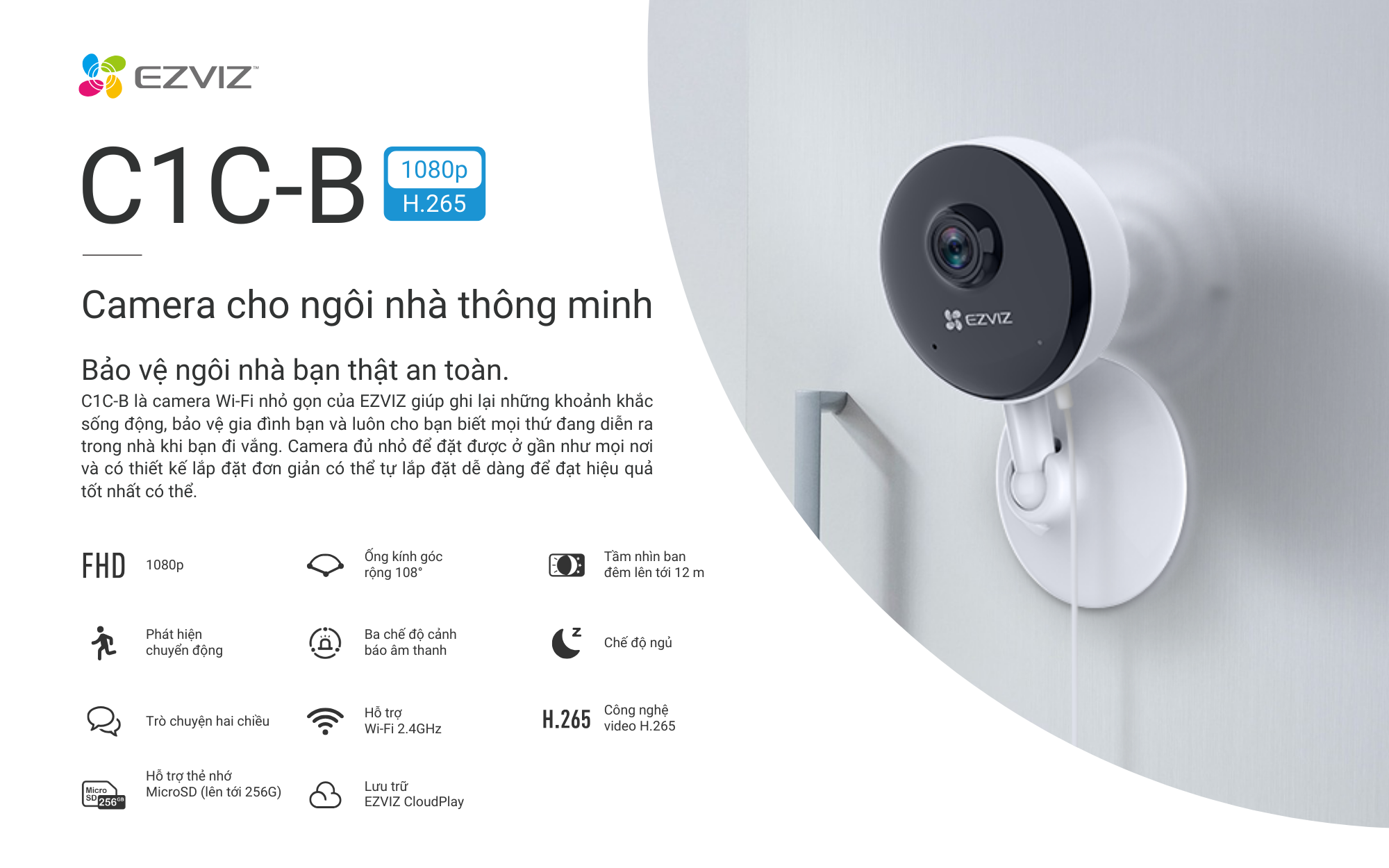 Mô tả Camera WI-FI Trong nhà EZVIZ C1C-B 1080p, Đàm Thoại 2 Chiều, Công Nghệ Video H.265 - 1