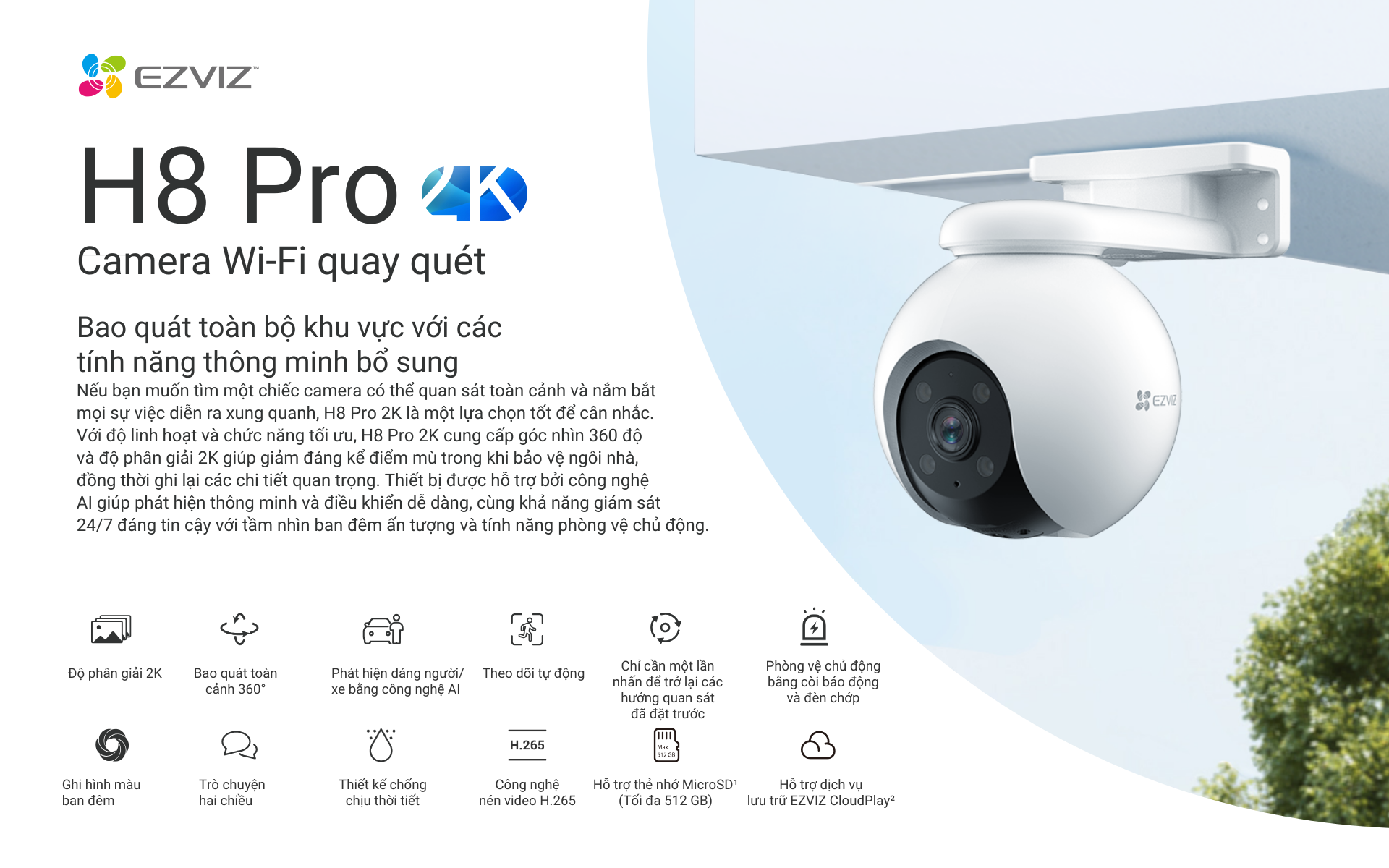 Mô tả Camera Wi-fi EZVIZ H8 PRO 2K &3K, Quay Quét 360, Ghi Hình Màu Ban Đêm, Đàm Thoại 2 Chiều - 1