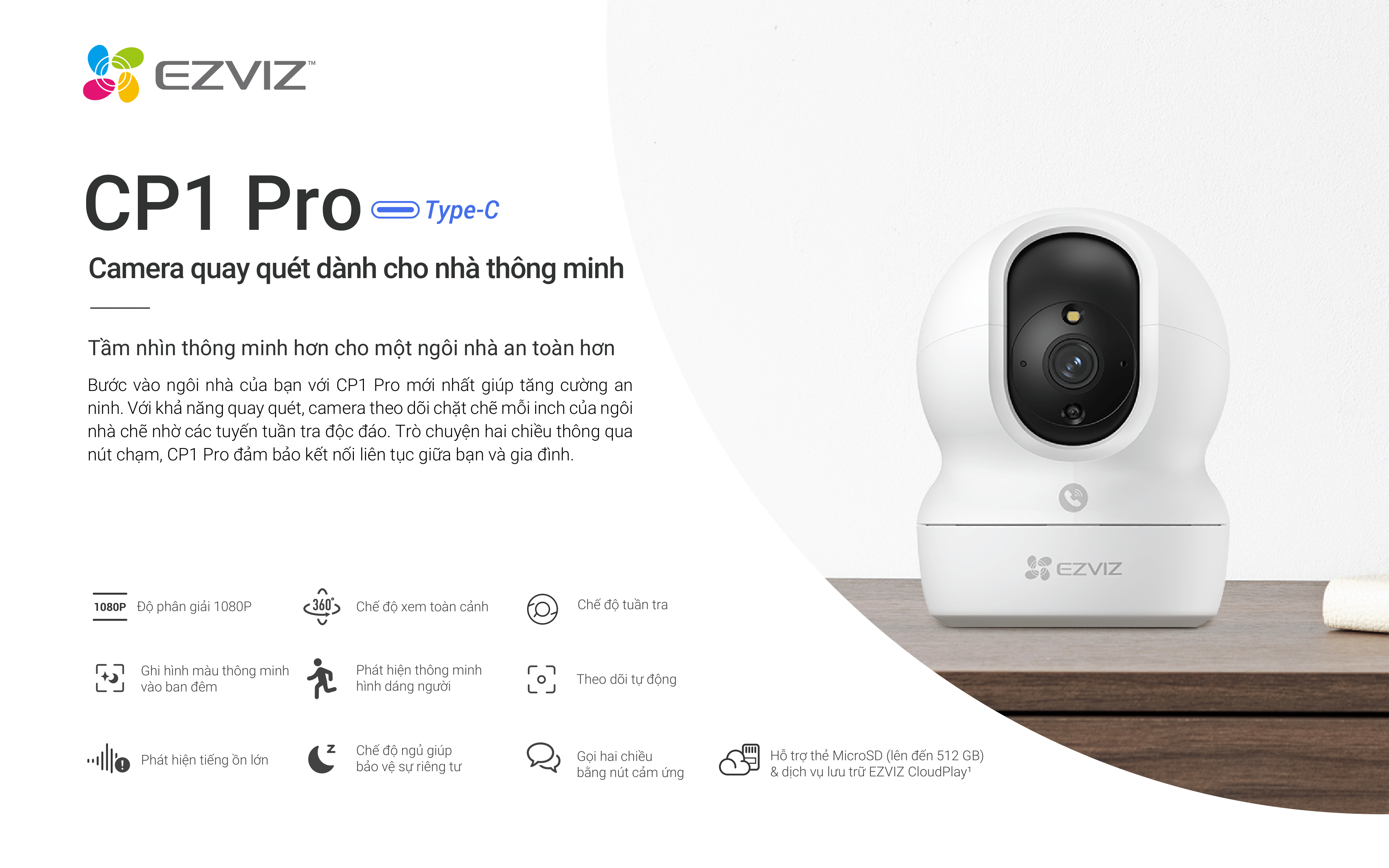 Mô tả Camera WI-FI EZVIZ CP1 Pro 2MP Quay quét 360 độ, Chạm để gọi, Ghi hình màu đêm thông minh - Bản nâng cấp của C6N - 1