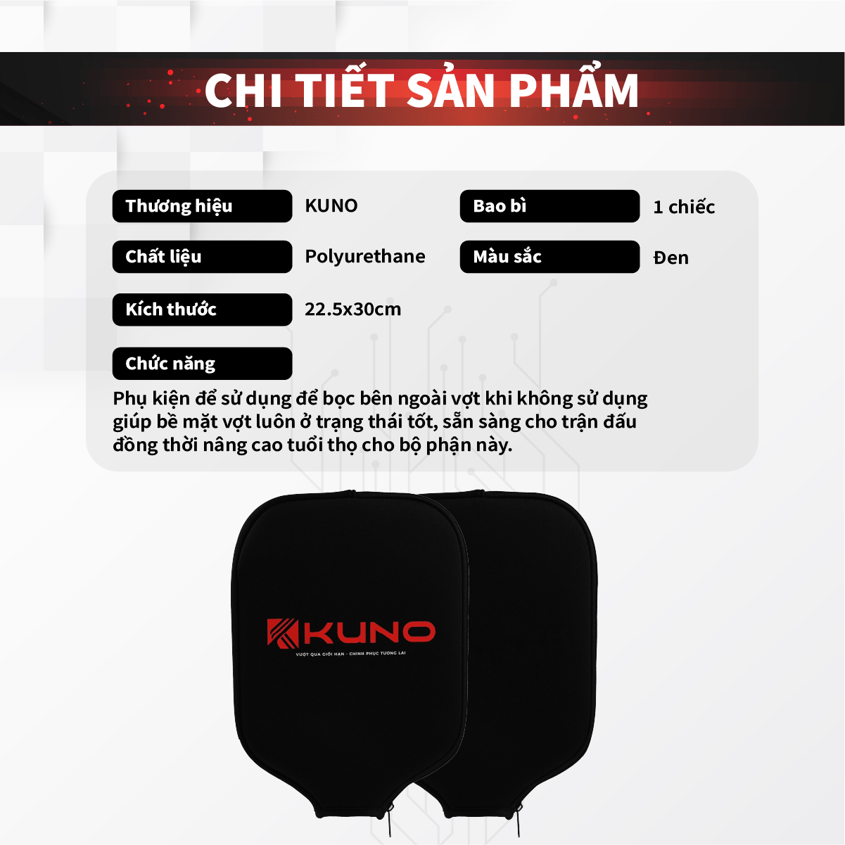 Mô tả Bao Đựng Vợt Pickleball KUNO, Túi Đựng Bảo Vệ Mặt Vợt Chống Sốc, Trầy Xước, Khóa Zip 3 Lớp Polyurethane Cao Cấp - 1