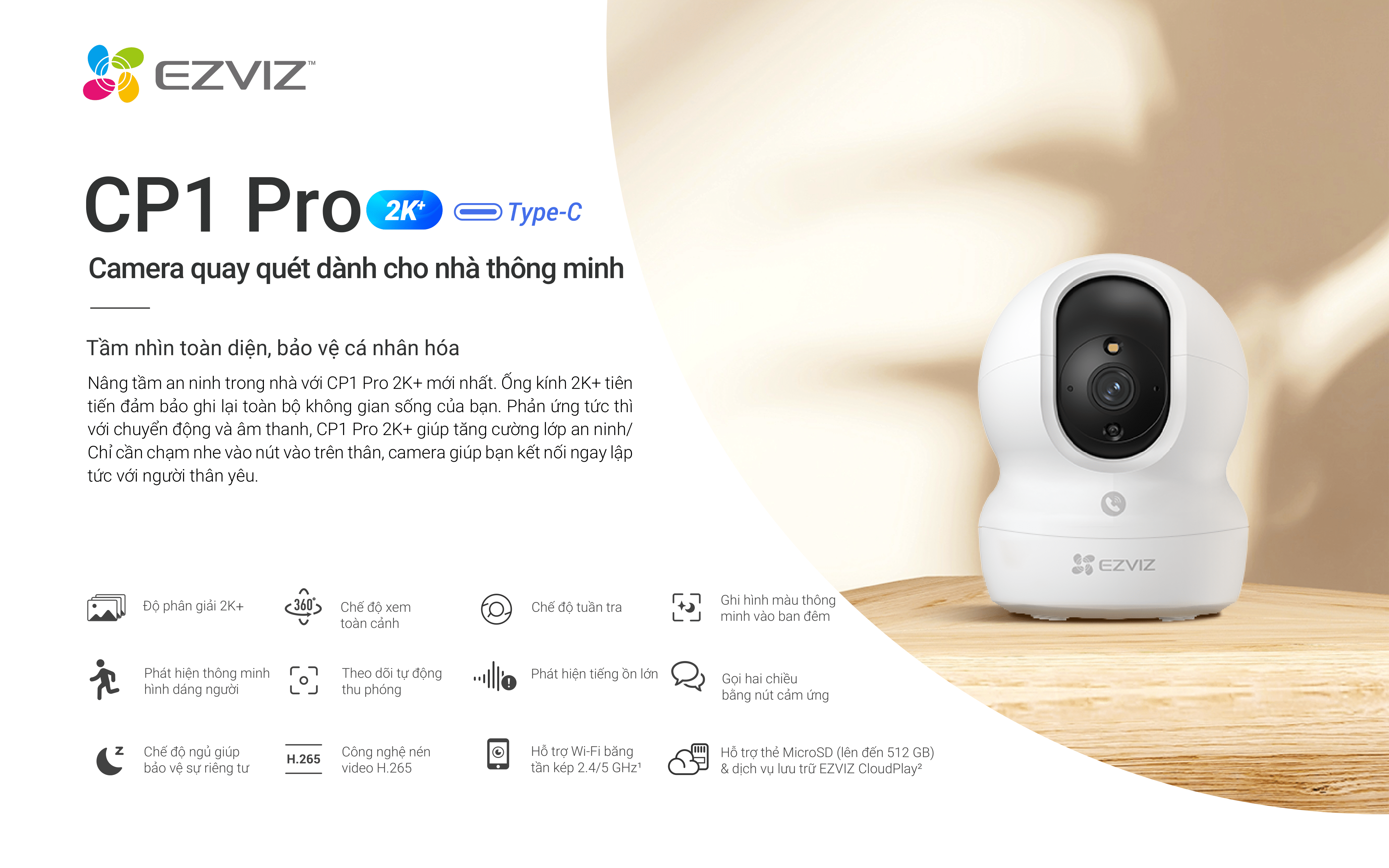 Mô tả Camera WI-FI EZVIZ CP1 Pro 4MP Quay Quét 360 Độ, Chạm để gọi, Ghi hình màu đêm thông minh - 1