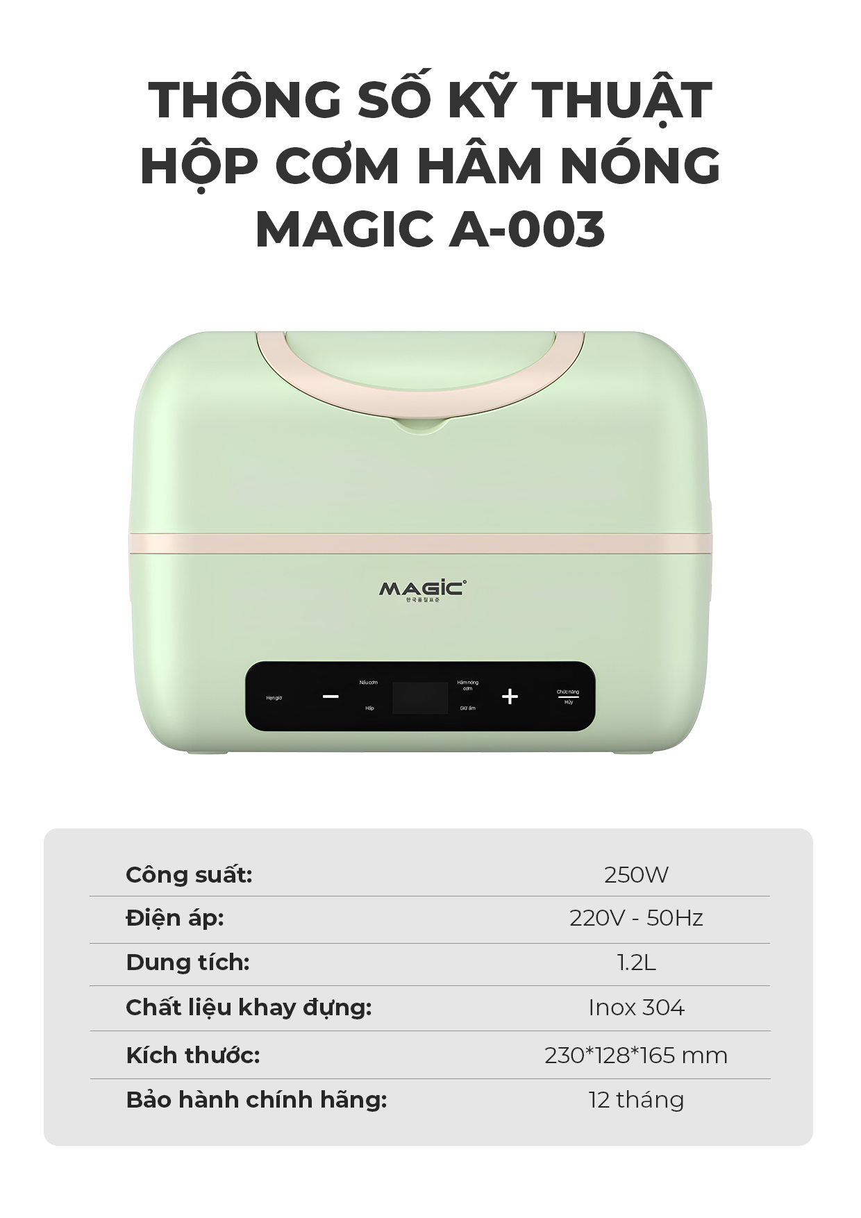 Mô tả Hộp cơm điện Magic A-003, điều khiển cảm ứng, công suất 250W, khay cơm inox 304, bảo hành 12 tháng - 8