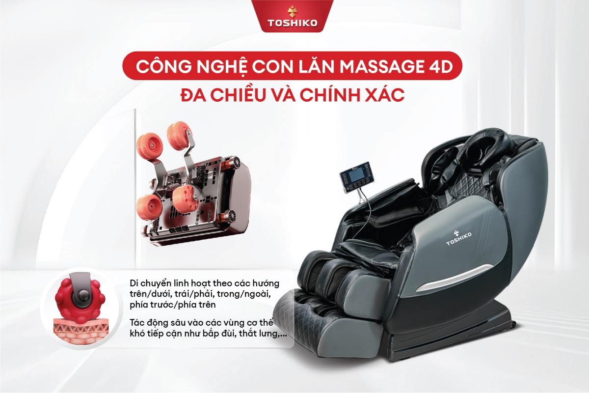 Công nghệ con lăn 4D trên Ghế massage Toshiko T9