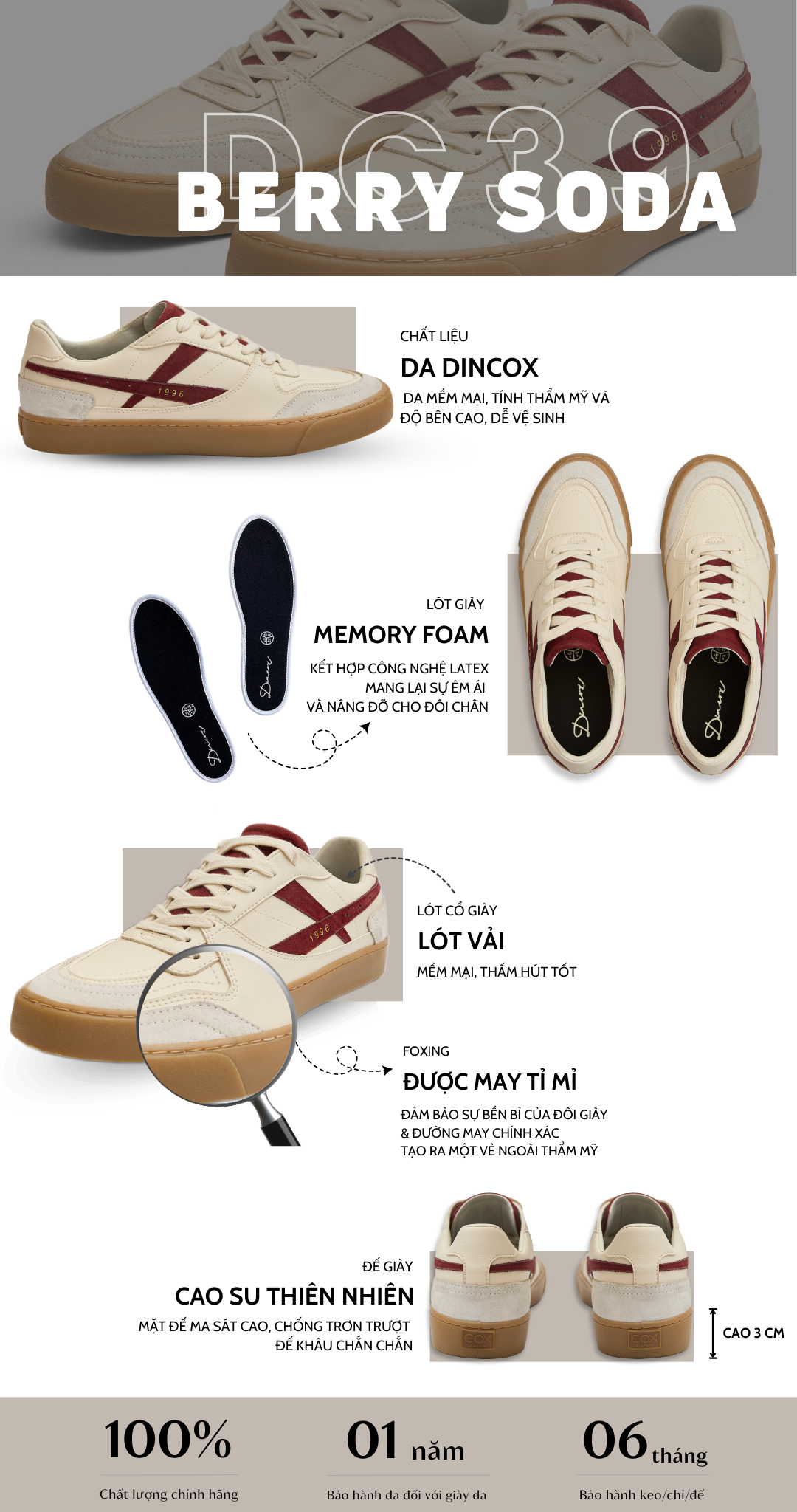 Mô tả New Arrivals | Giày Da Sneaker Nam Nữ DC39 BERRY SODA DINCOX Shoes Đế Bằng - Microfiber Leather - 1
