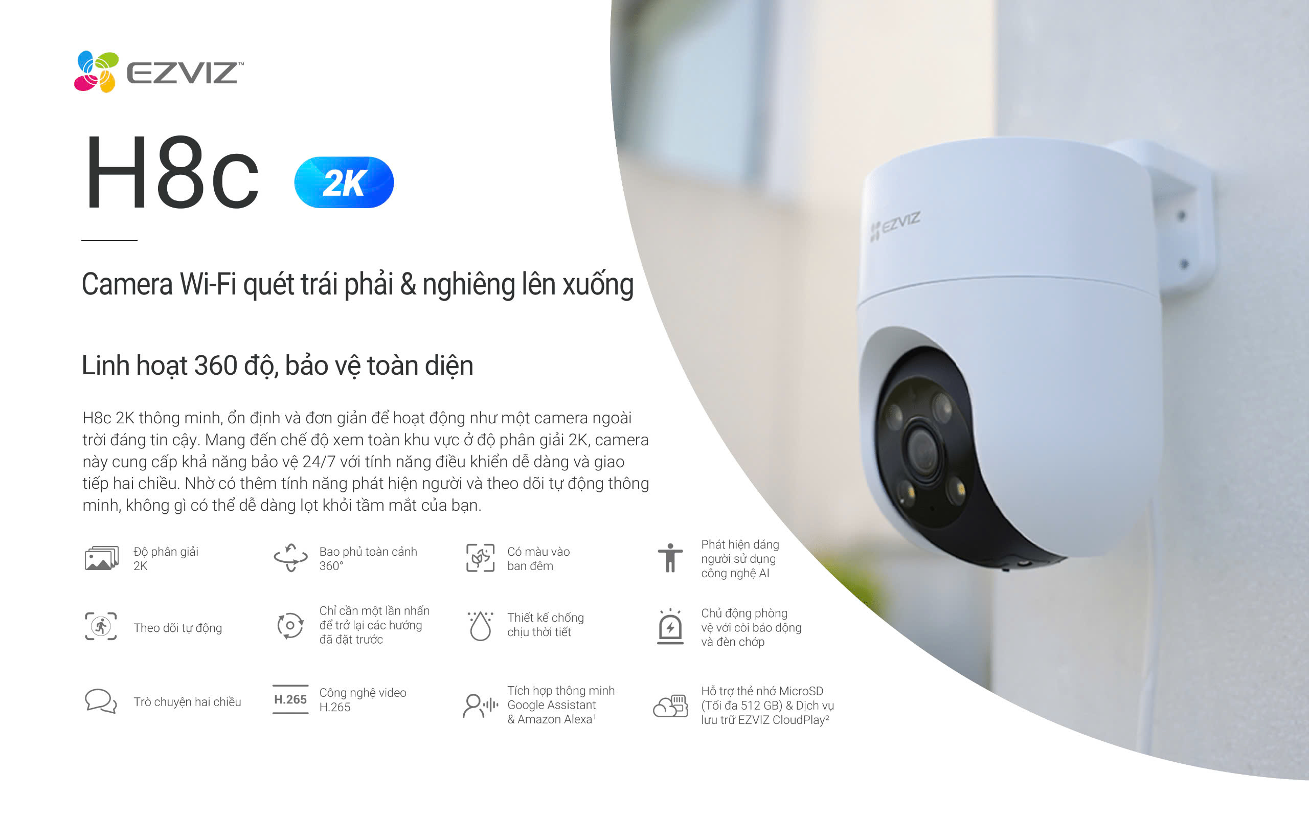 Mô tả Camera WIFI EZVIZ H8C Pro 3MP, Quay Ngoài Trời 360 Độ, Đàm Thoại, Nén H265, Ghi Hình Màu - 1