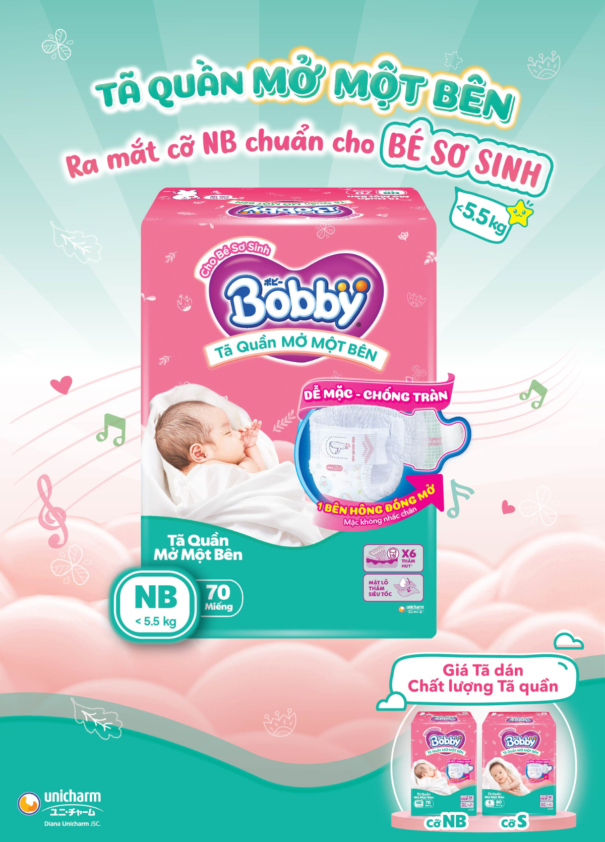 Mô tả [TẶNG MIẾNG] Tã quần mở một bên Bobby dành cho bé sơ sinh size NB70+6/NB-S74/S80/ S-M62 - 1