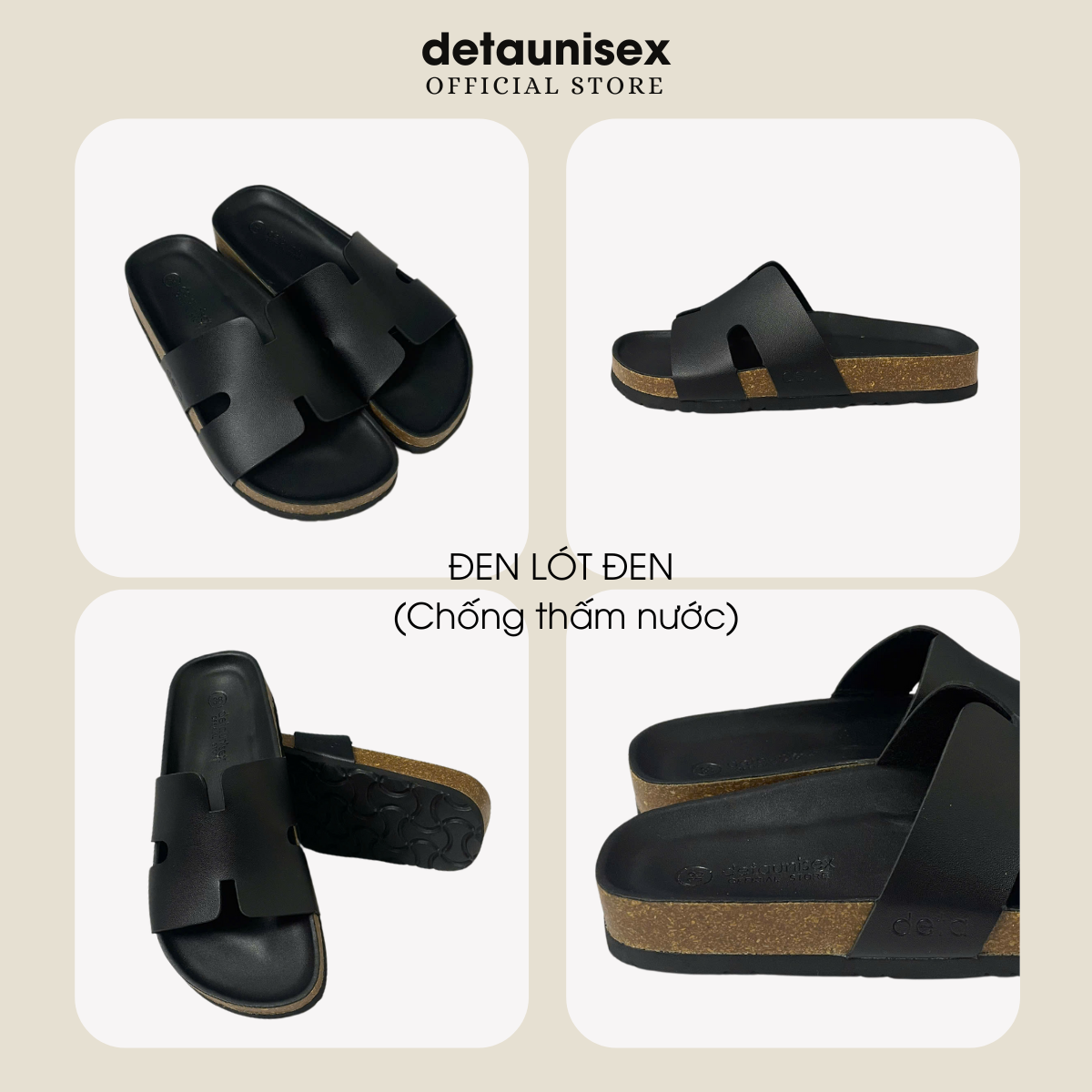 Mô tả Dép Birken đế trấu chữ H nam nữ phong cách Detaunisex màu Đen lót Đen - DETA14F - 2