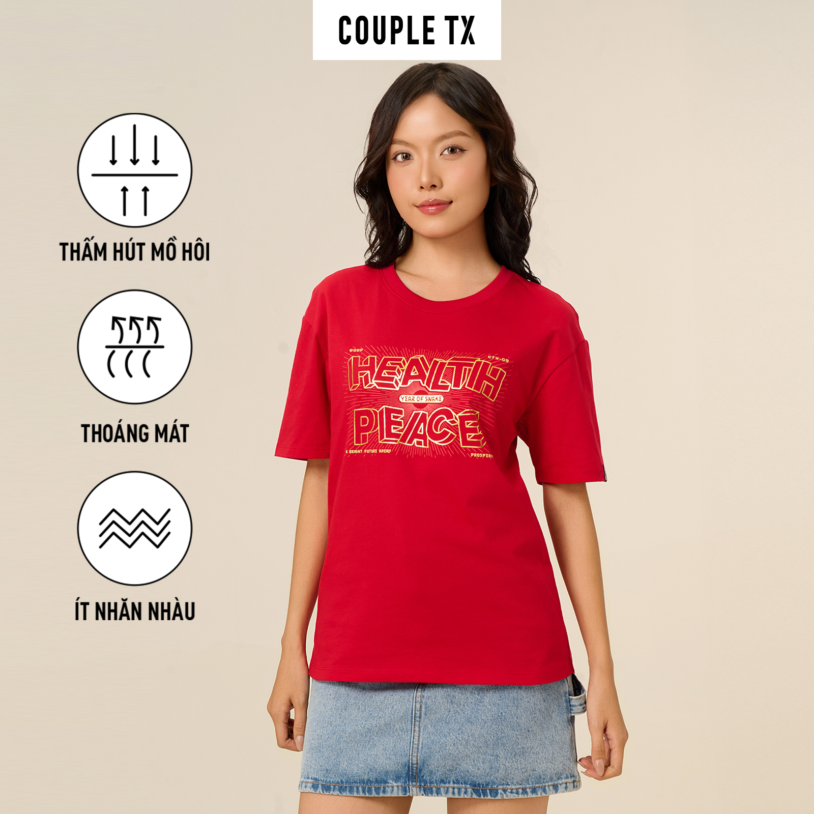 Mô tả Áo Thun Tết 2025 Couple TX Tết 2025 In Kim Tuyến Chữ Health And Peace Vải Cotton Form Regular TS 439 - 2