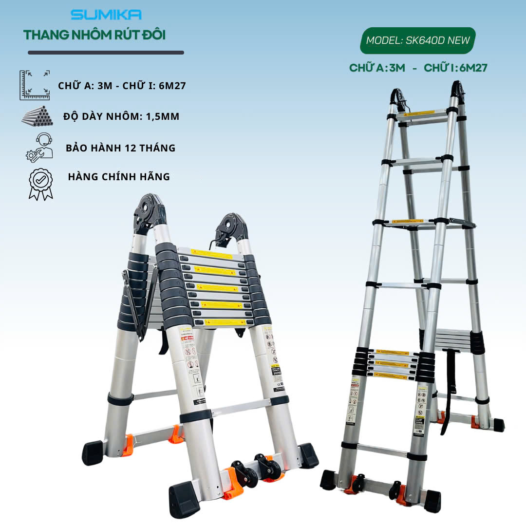 Thang nhôm rút đôi SUMIKA SK640D NEW, chữ A cao 3.0m, chữ I cao 6.27m ...