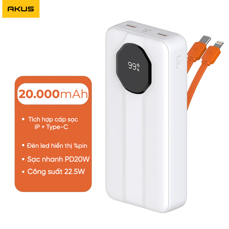 Mô tả Sạc dự phòng 20000mAh AKUS A22lux Sạc nhanh 20W Type-C in/out - 3