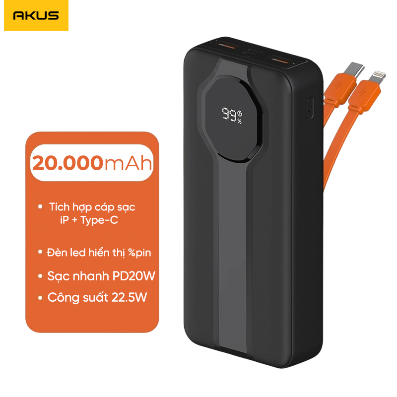 Mô tả Sạc dự phòng 20000mAh AKUS A22lux Sạc nhanh 20W Type-C in/out - 4