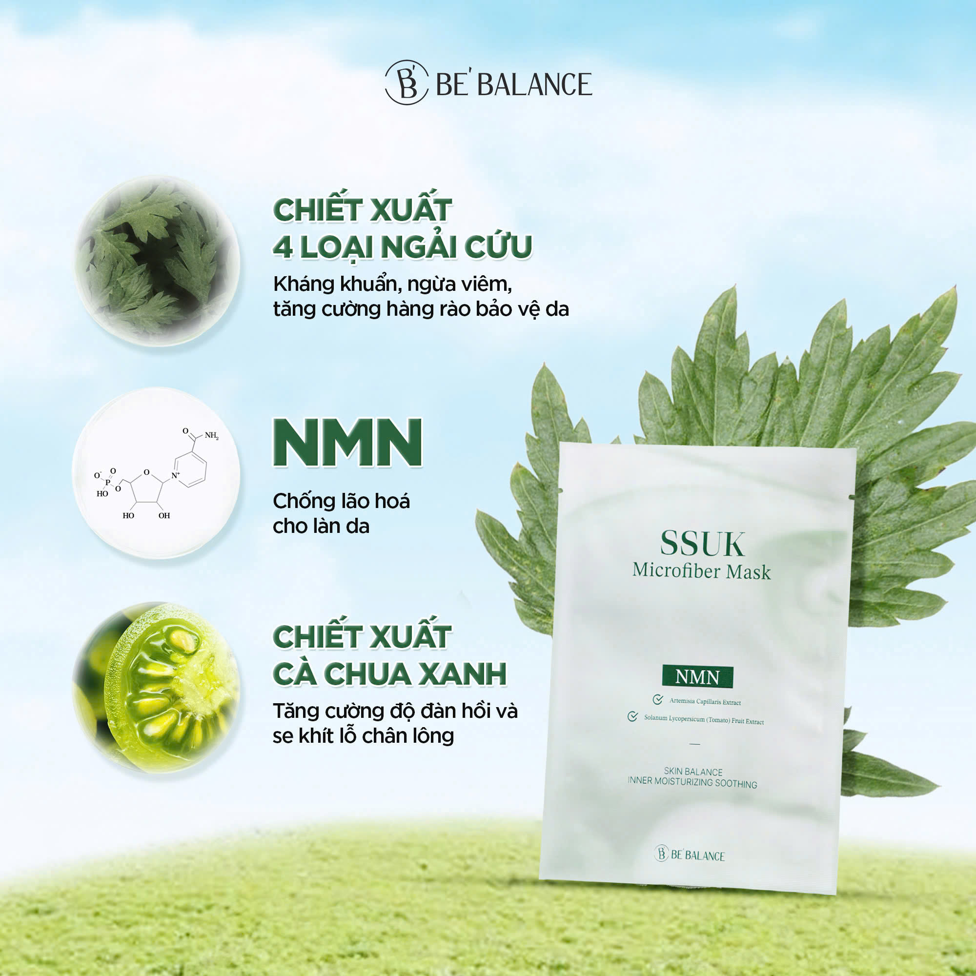 Mô tả Mặt Nạ Vải Vi Sợi Be'Balance SSUK MICRO FIBER MASK Chiết Xuất 4 Loại Ngải Cứu kết hợp NMN và Cà Chua Xanh 1 Hộp 10 Miếng - 1