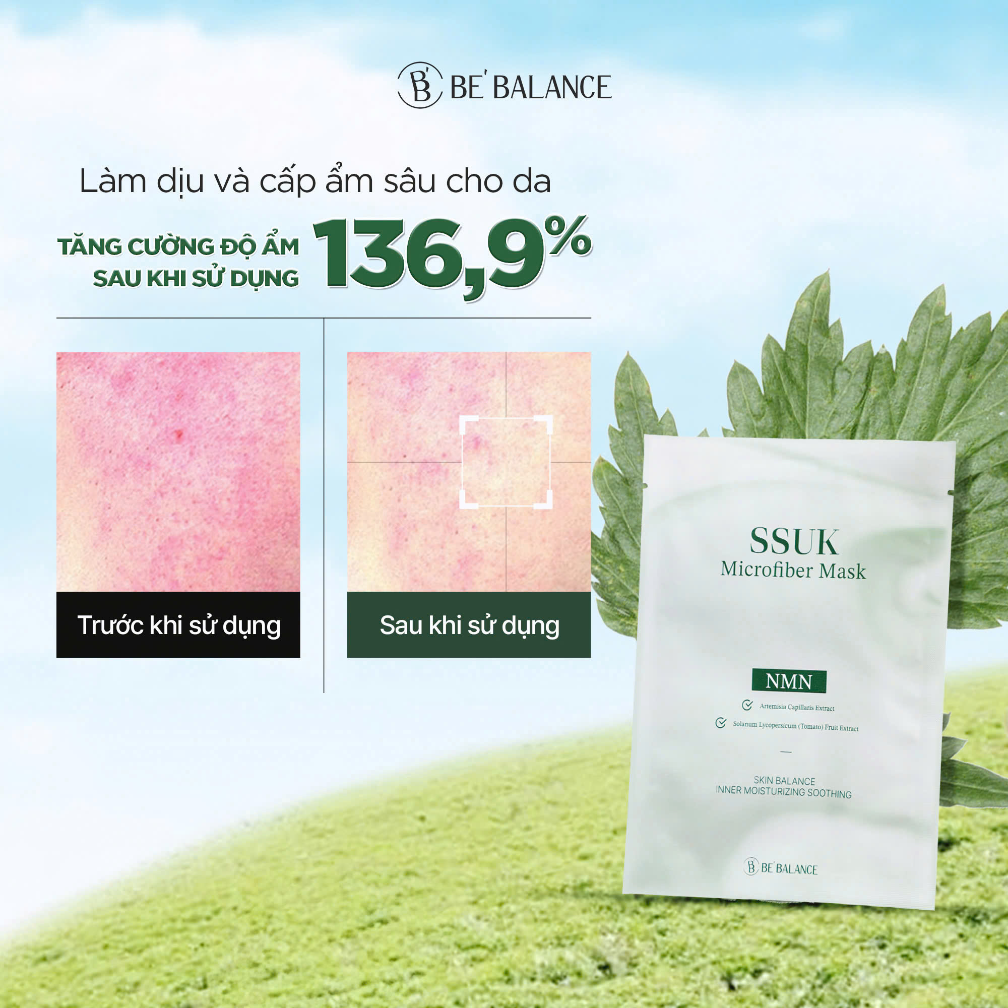 Mô tả Mặt Nạ Vải Vi Sợi Be'Balance SSUK MICRO FIBER MASK Chiết Xuất 4 Loại Ngải Cứu kết hợp NMN và Cà Chua Xanh 1 Hộp 10 Miếng - 2