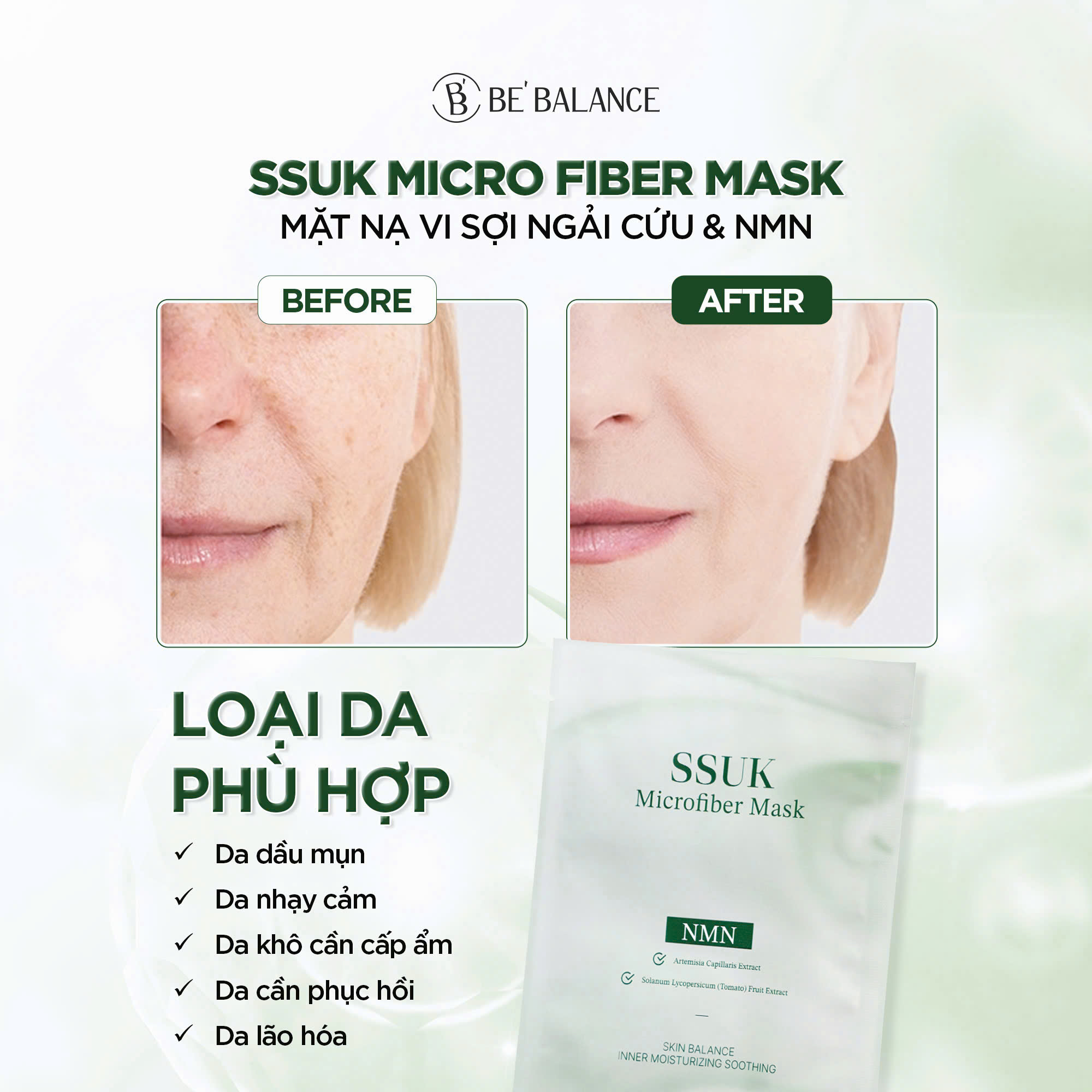 Mô tả Mặt Nạ Vải Vi Sợi Be'Balance SSUK MICRO FIBER MASK Chiết Xuất 4 Loại Ngải Cứu kết hợp NMN và Cà Chua Xanh 1 Hộp 10 Miếng - 3