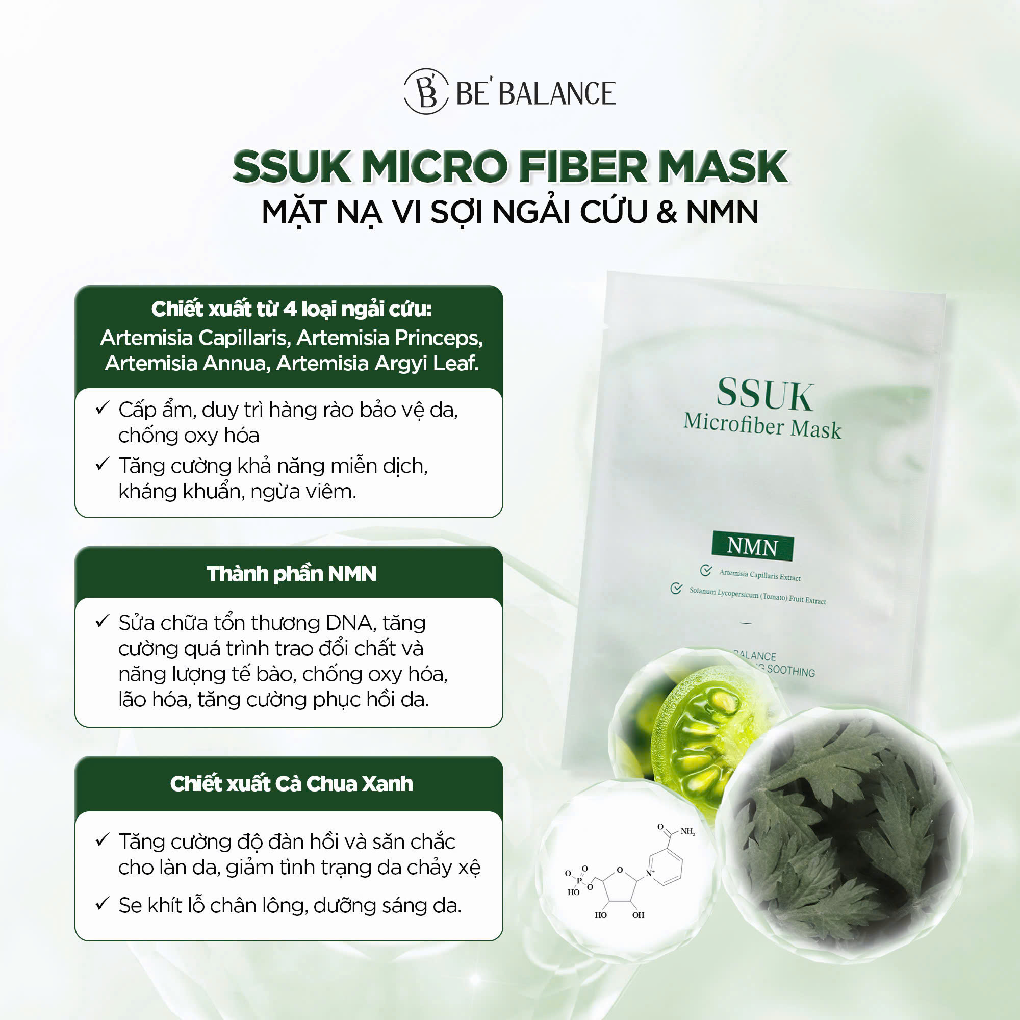 Mô tả Mặt Nạ Vải Vi Sợi Be'Balance SSUK MICRO FIBER MASK Chiết Xuất 4 Loại Ngải Cứu kết hợp NMN và Cà Chua Xanh 1 Hộp 10 Miếng - 4