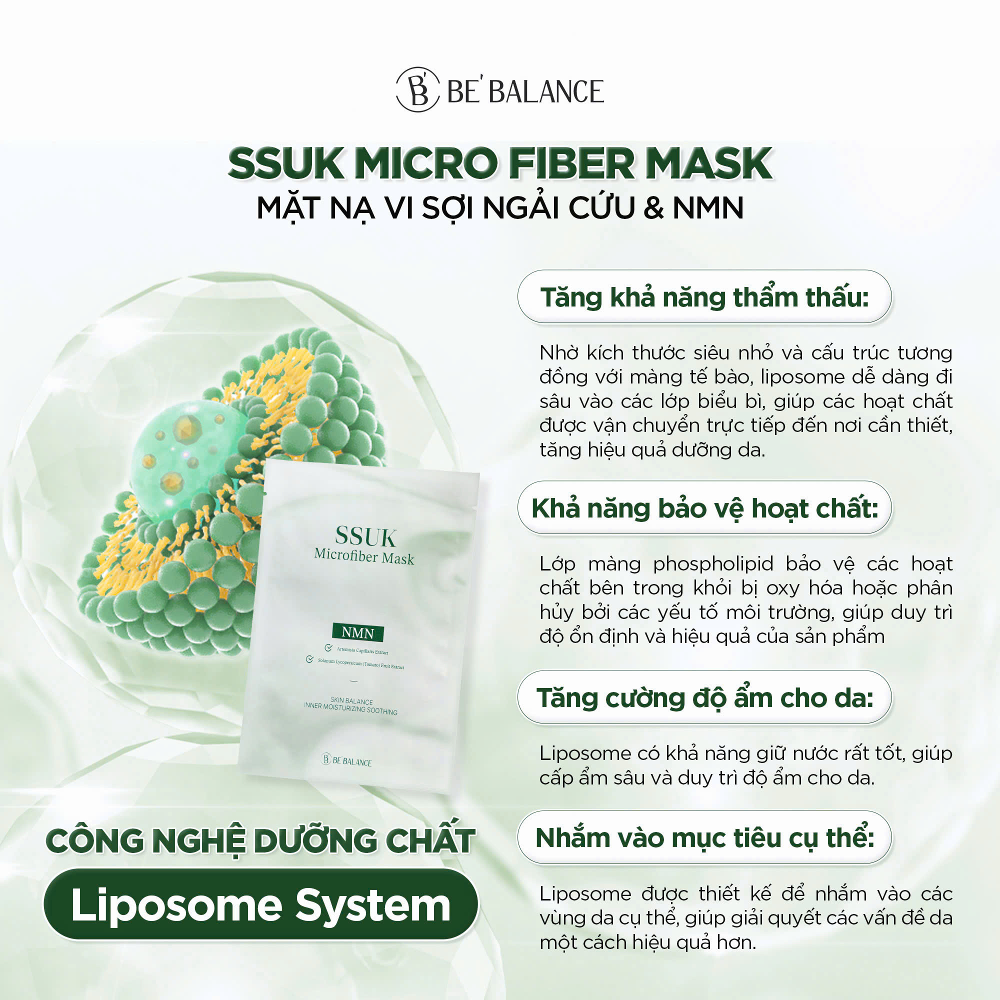 Mô tả Mặt Nạ Vải Vi Sợi Be'Balance SSUK MICRO FIBER MASK Chiết Xuất 4 Loại Ngải Cứu kết hợp NMN và Cà Chua Xanh 1 Hộp 10 Miếng - 5