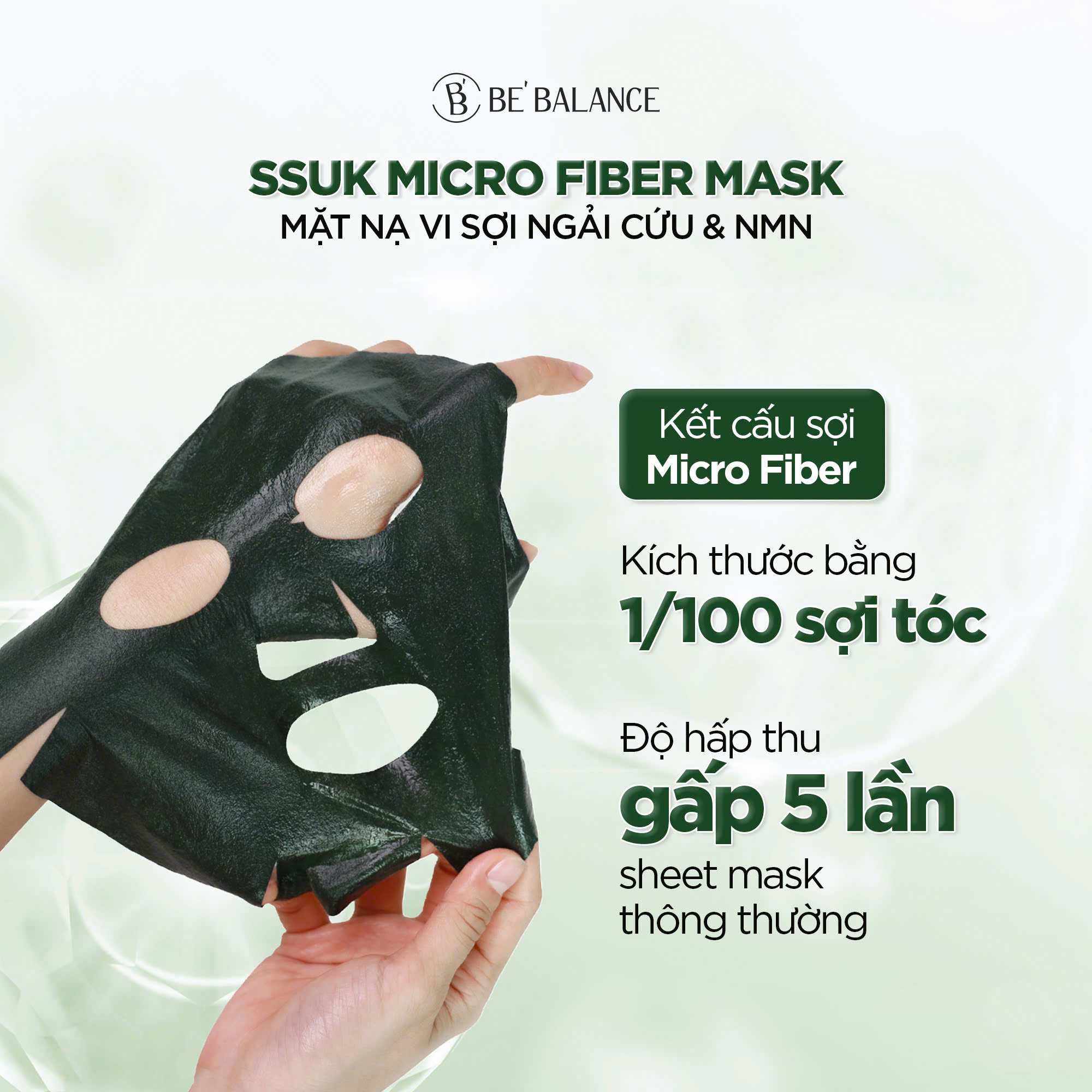Mô tả Mặt Nạ Vải Vi Sợi Be'Balance SSUK MICRO FIBER MASK Chiết Xuất 4 Loại Ngải Cứu kết hợp NMN và Cà Chua Xanh 1 Hộp 10 Miếng - 7