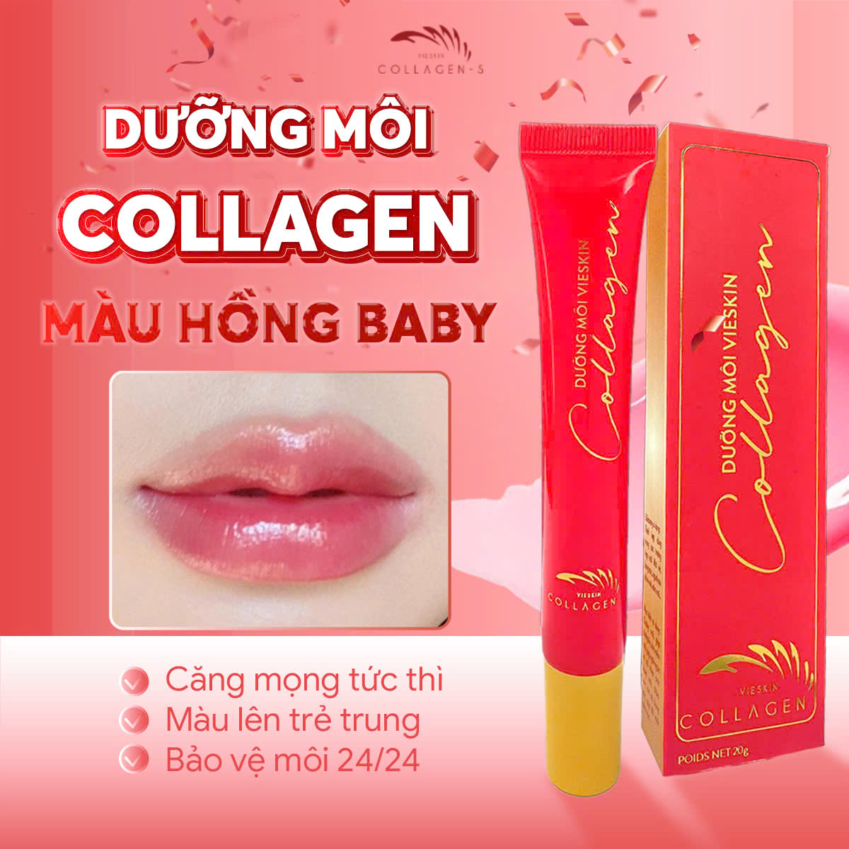 Mô tả Son Dưỡng Môi Vieskin Collagen Có Màu, Dưỡng Môi Căng Mọng Tức Thì, Hồng Môi, Chống Lão Hóa Môi, Màu Hồng Baby, Tuýp 20g - 1