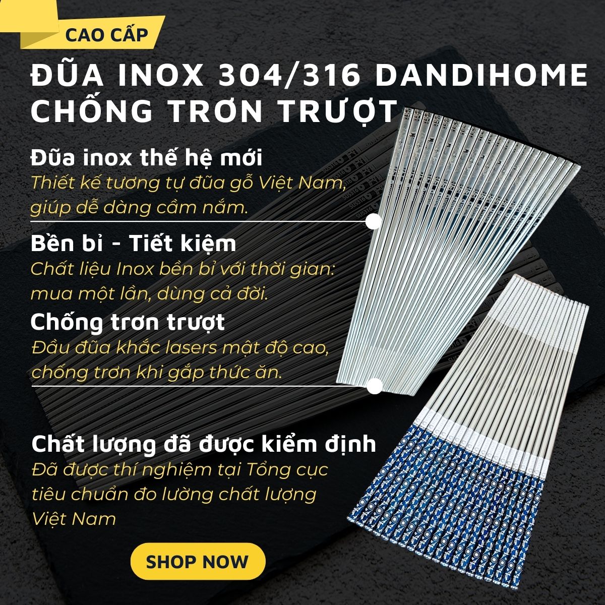 Mô tả Hộp 5 đôi đũa Inox 304 / 316 cao cấp DandiHome họa tiết chống trơn trượt - 1