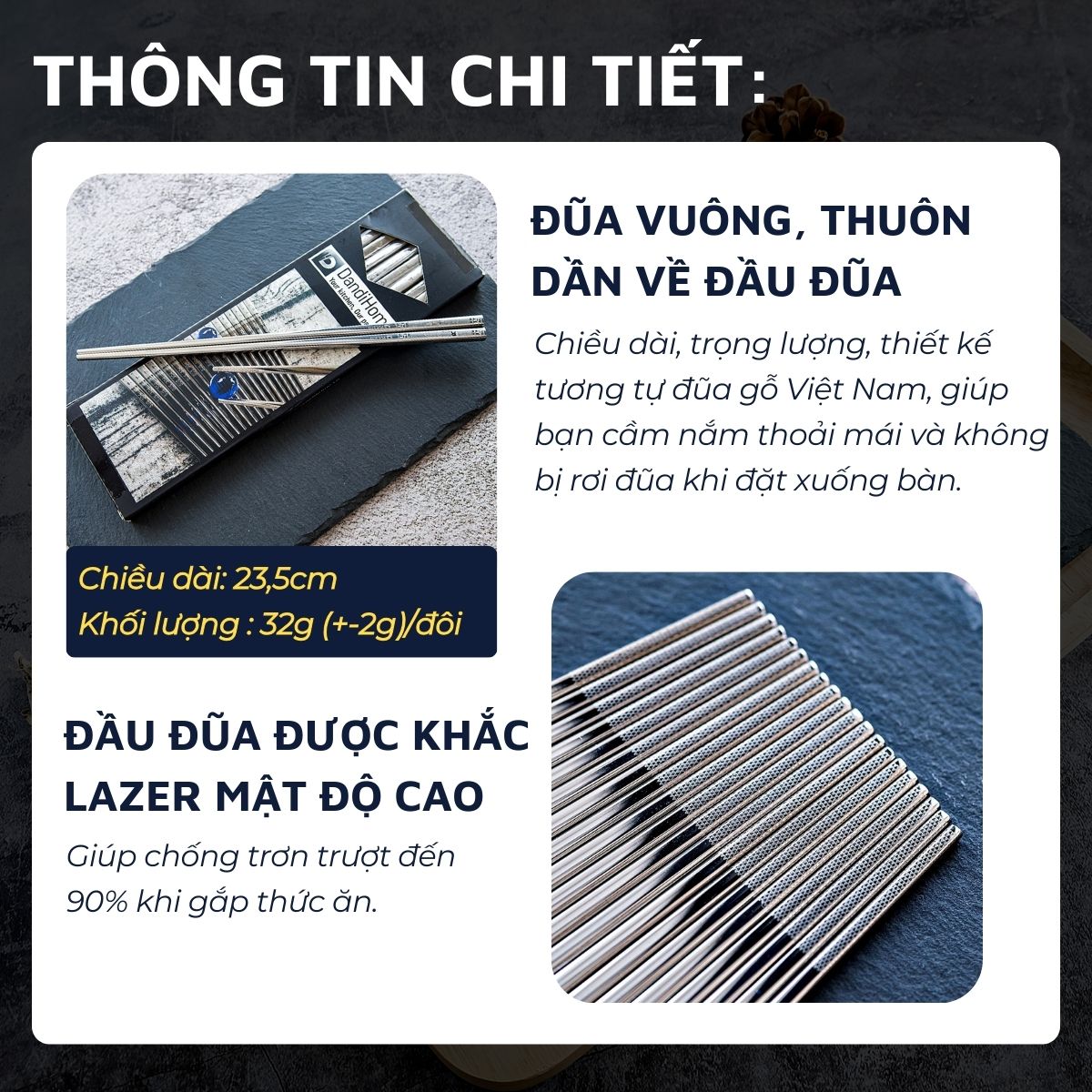 Mô tả Hộp 5 đôi đũa Inox 304 / 316 cao cấp DandiHome họa tiết chống trơn trượt - 2