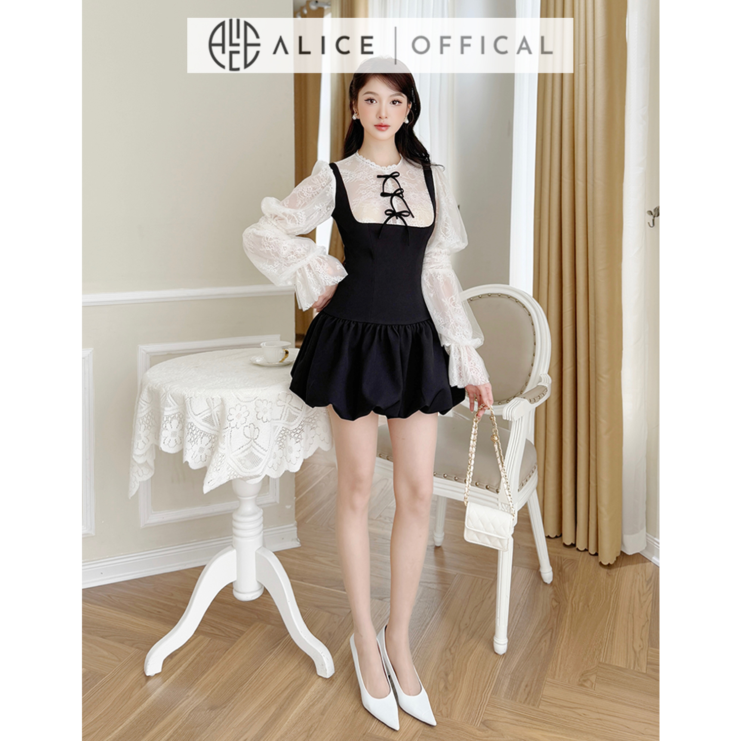 Mô tả Váy Đầm Tiểu Thư Dáng Bí Alice Chất Chéo Rubi Cao Cấp Phối Ren Cổ Đính Nơ, Tay Áo Xòe Bồng 3 Tầng V1298 - 5
