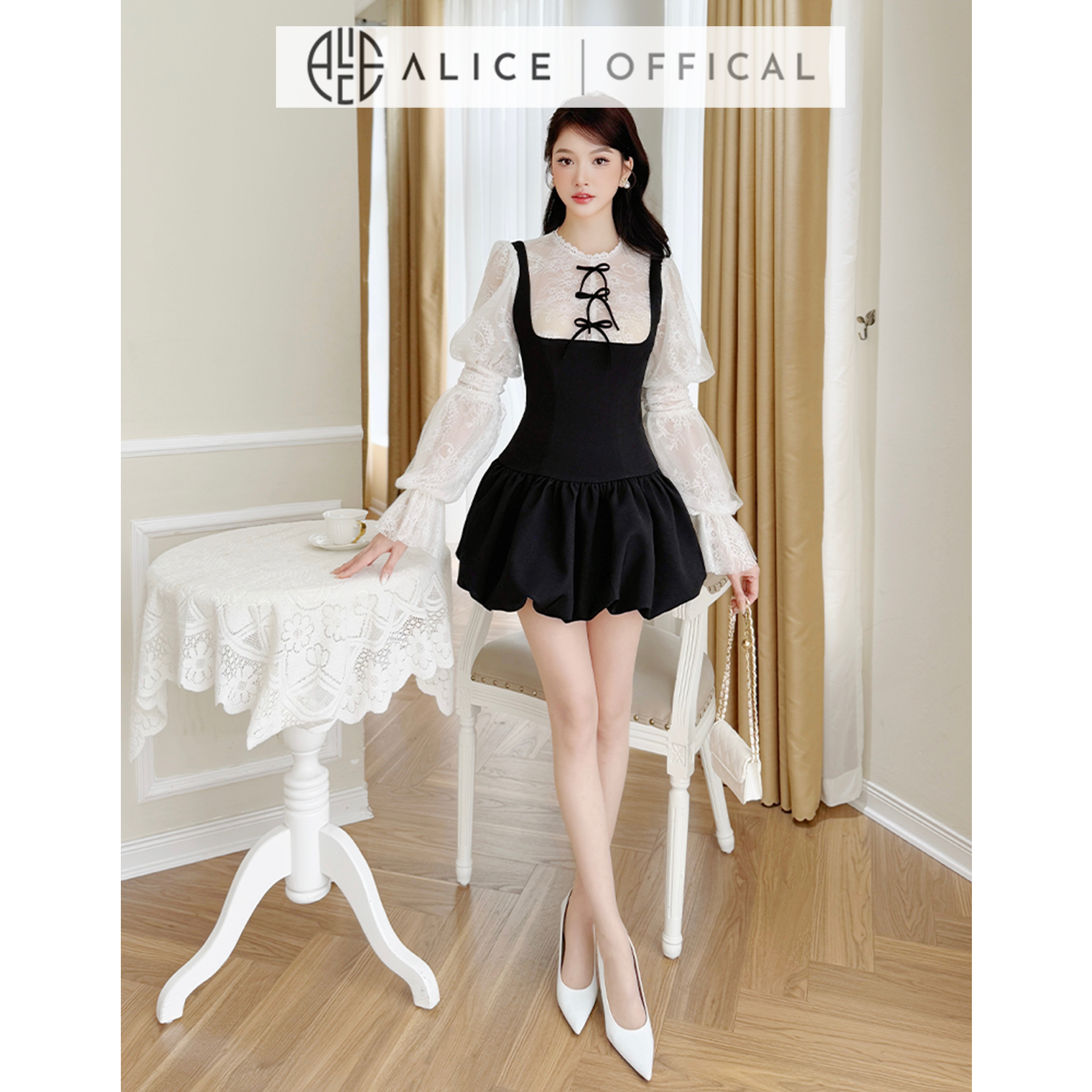 Mô tả Váy Đầm Tiểu Thư Dáng Bí Alice Chất Chéo Rubi Cao Cấp Phối Ren Cổ Đính Nơ, Tay Áo Xòe Bồng 3 Tầng V1298 - 3