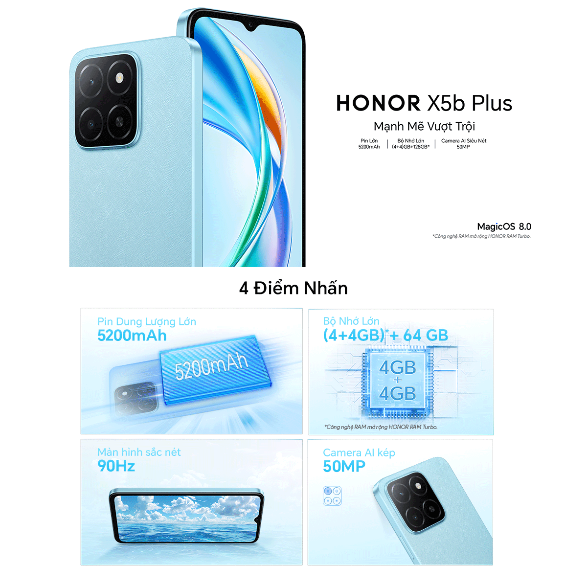 Mô tả Điện thoại HONOR X5b Plus (4+4)GB+128GB | Pin 5200mAh 90Hz | Màn hình 6.56" | Bảo Hành 13 Tháng - 1