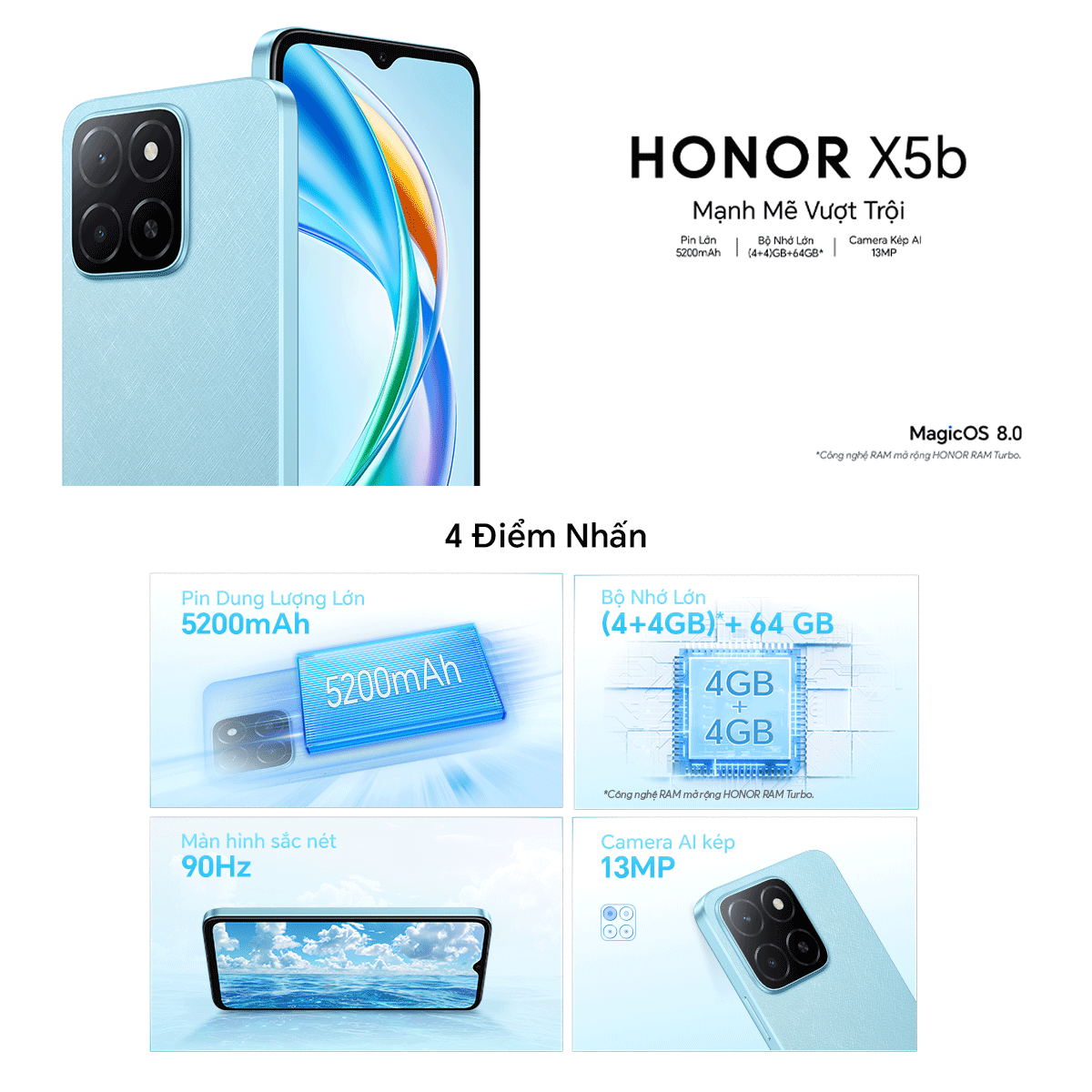 Mô tả Điện thoại HONOR X5b (4+4)GB+64GB | Pin 5200mAh 90Hz | Màn hình 6.56" | BH 13 Tháng Hàng Chính Hãng - 1