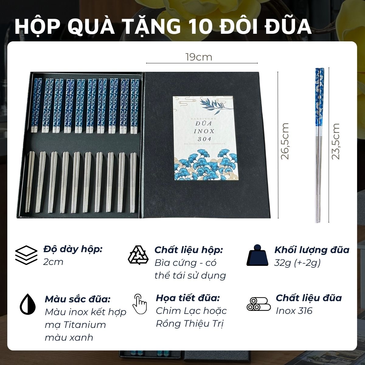 Mô tả Bộ đũa inox 316 quà tặng DandiHome cao cấp mạ Titanium Plated - 3