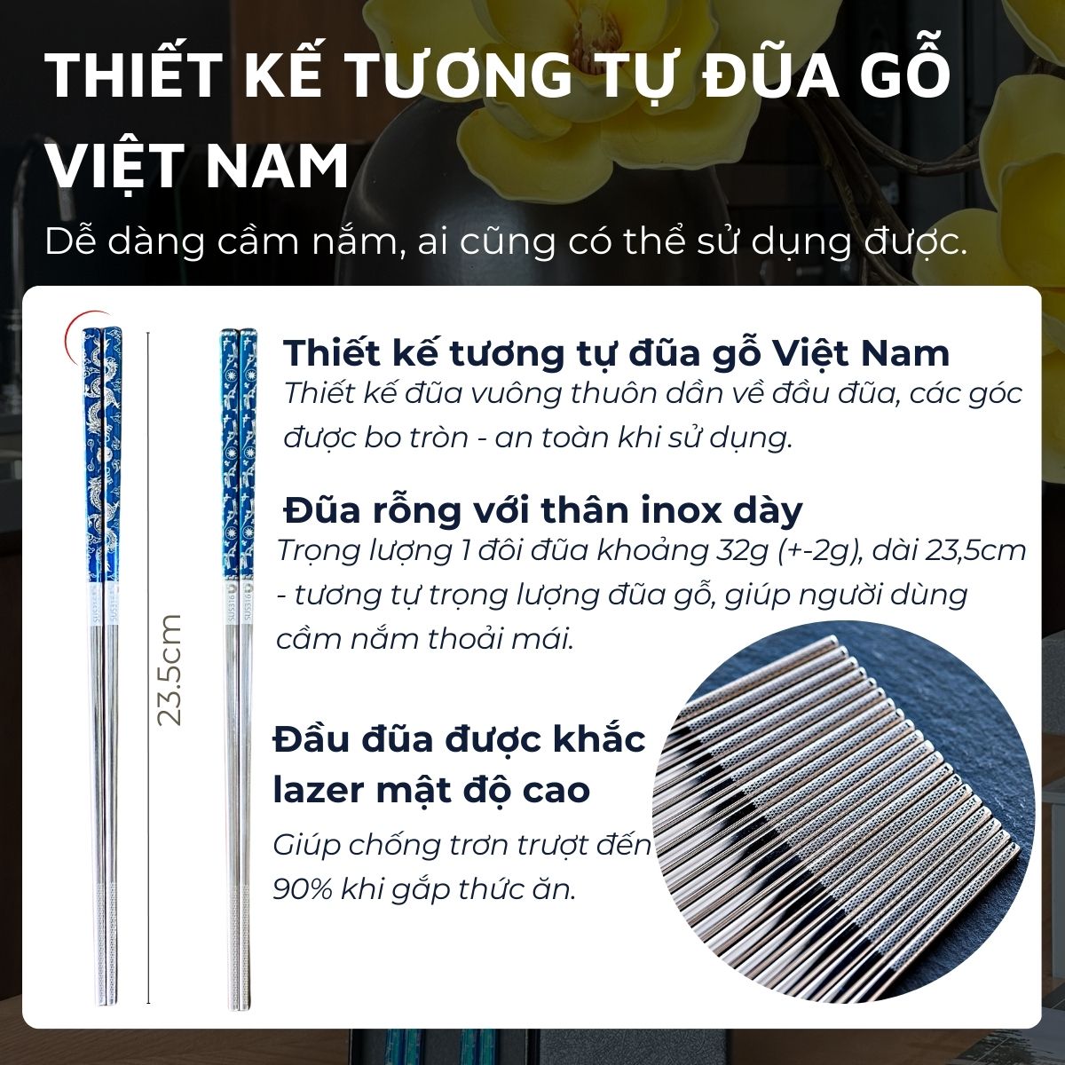 Mô tả Bộ đũa inox 316 quà tặng DandiHome cao cấp mạ Titanium Plated - 5
