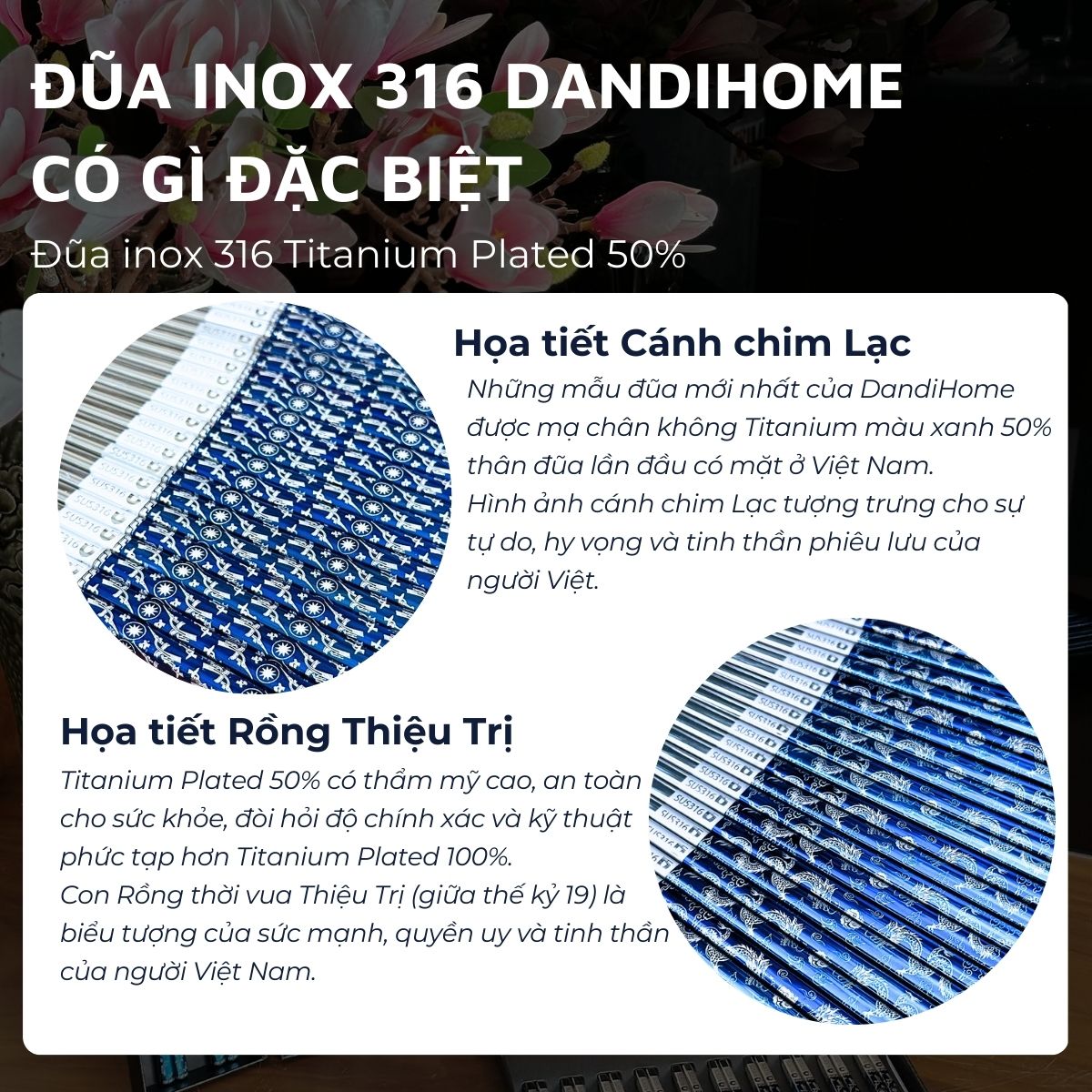 Mô tả Bộ đũa inox 316 quà tặng DandiHome cao cấp mạ Titanium Plated - 6