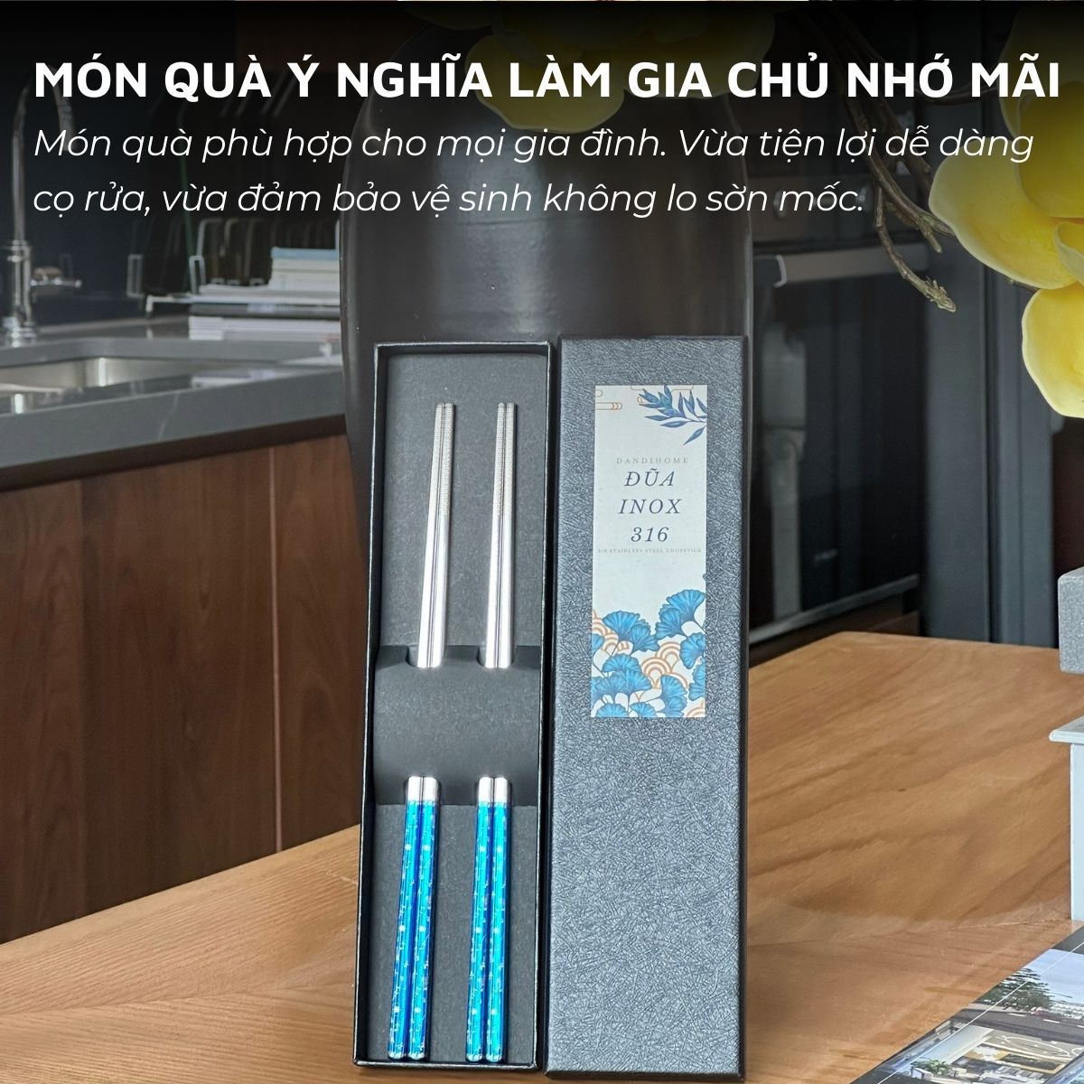 Mô tả Bộ đũa inox 316 quà tặng DandiHome cao cấp mạ Titanium Plated - 7