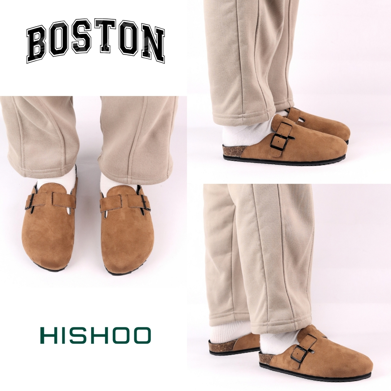 Mô tả Dép đế trấu sục Boston nam nữ unisex quai ngang da lộn (Xám/ Kem/Bò) đi học công sở bigsize chính hãng Hishoo VNXK R109 - 9