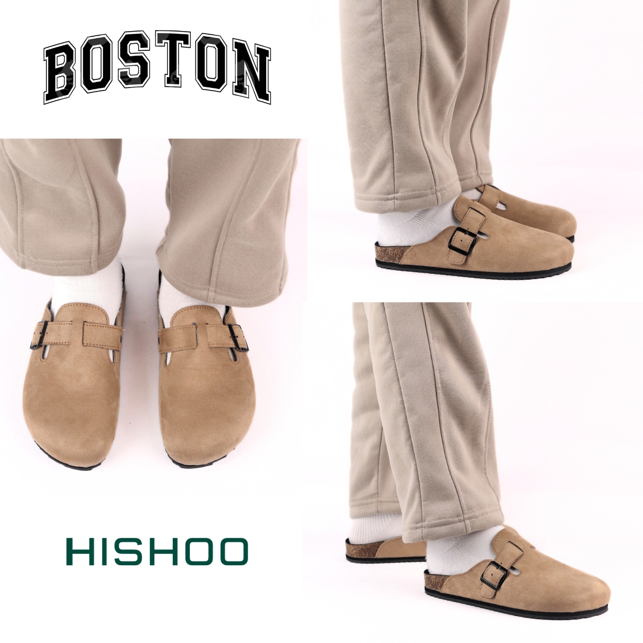Mô tả Dép đế trấu sục Boston nam nữ unisex quai ngang da lộn (Xám/ Kem/Bò) đi học công sở bigsize chính hãng Hishoo VNXK R109 - 7