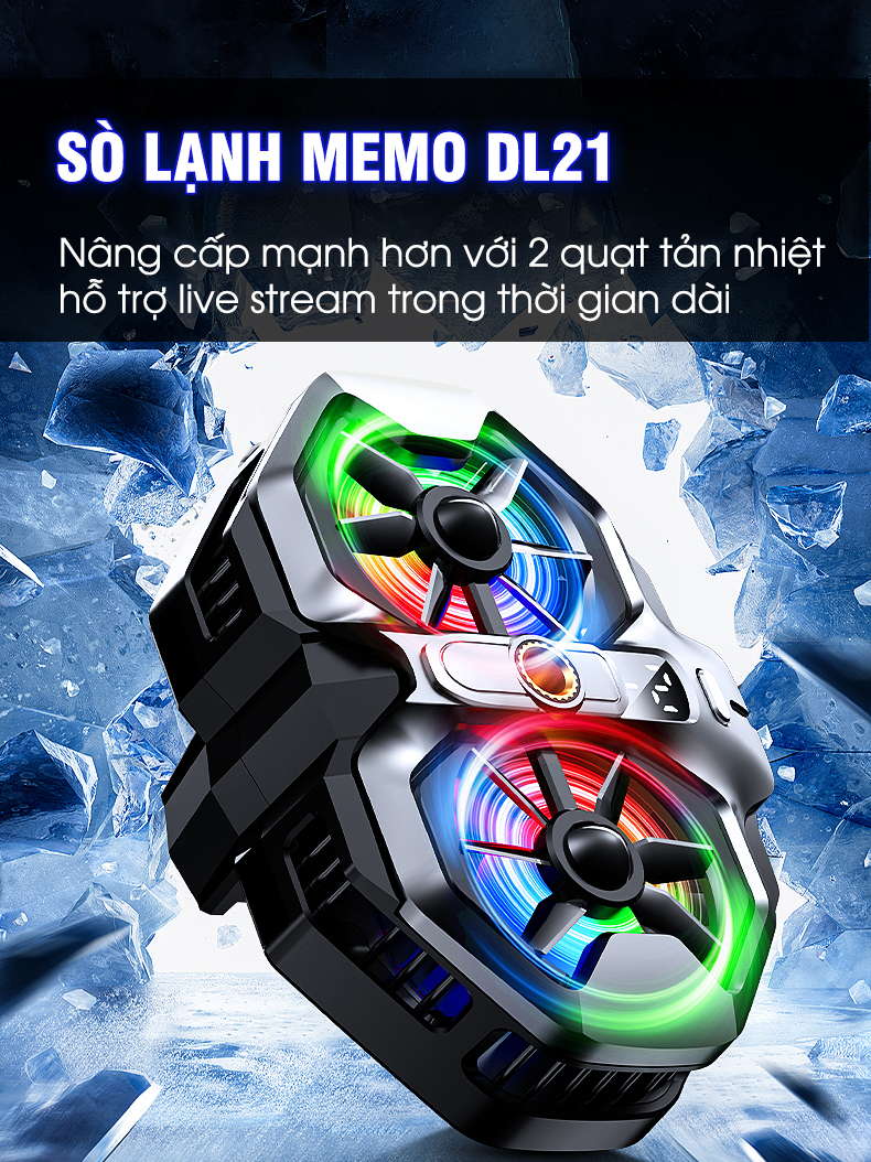 Mô tả Quạt tản nhiệt điện thoại MEMO DL21 live stream 2 quạt tăng tốc làm lạnh hỗ trợ giá đỡ tripod chơi game liên quân PUBG - 1