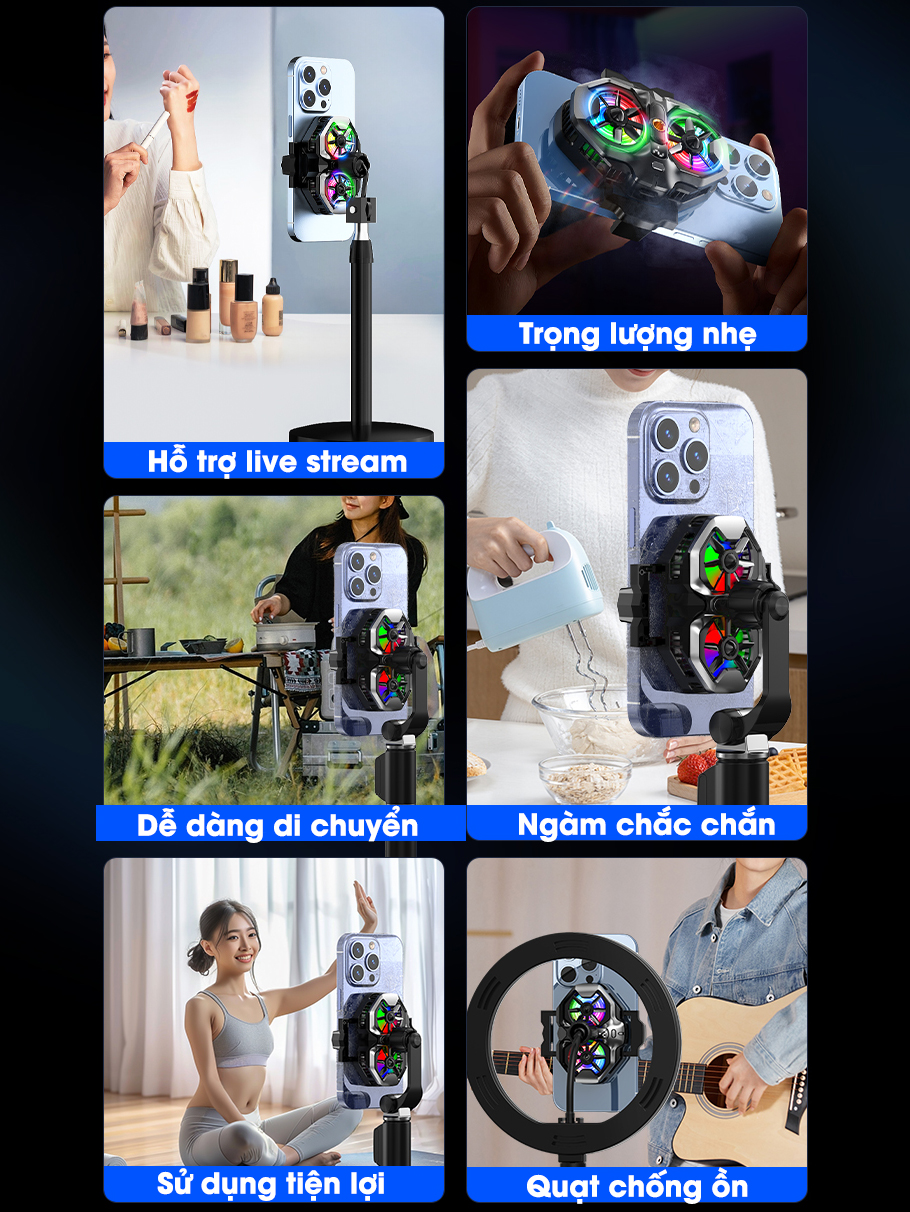 Mô tả Quạt tản nhiệt điện thoại MEMO DL21 live stream 2 quạt tăng tốc làm lạnh hỗ trợ giá đỡ tripod chơi game liên quân PUBG - 5